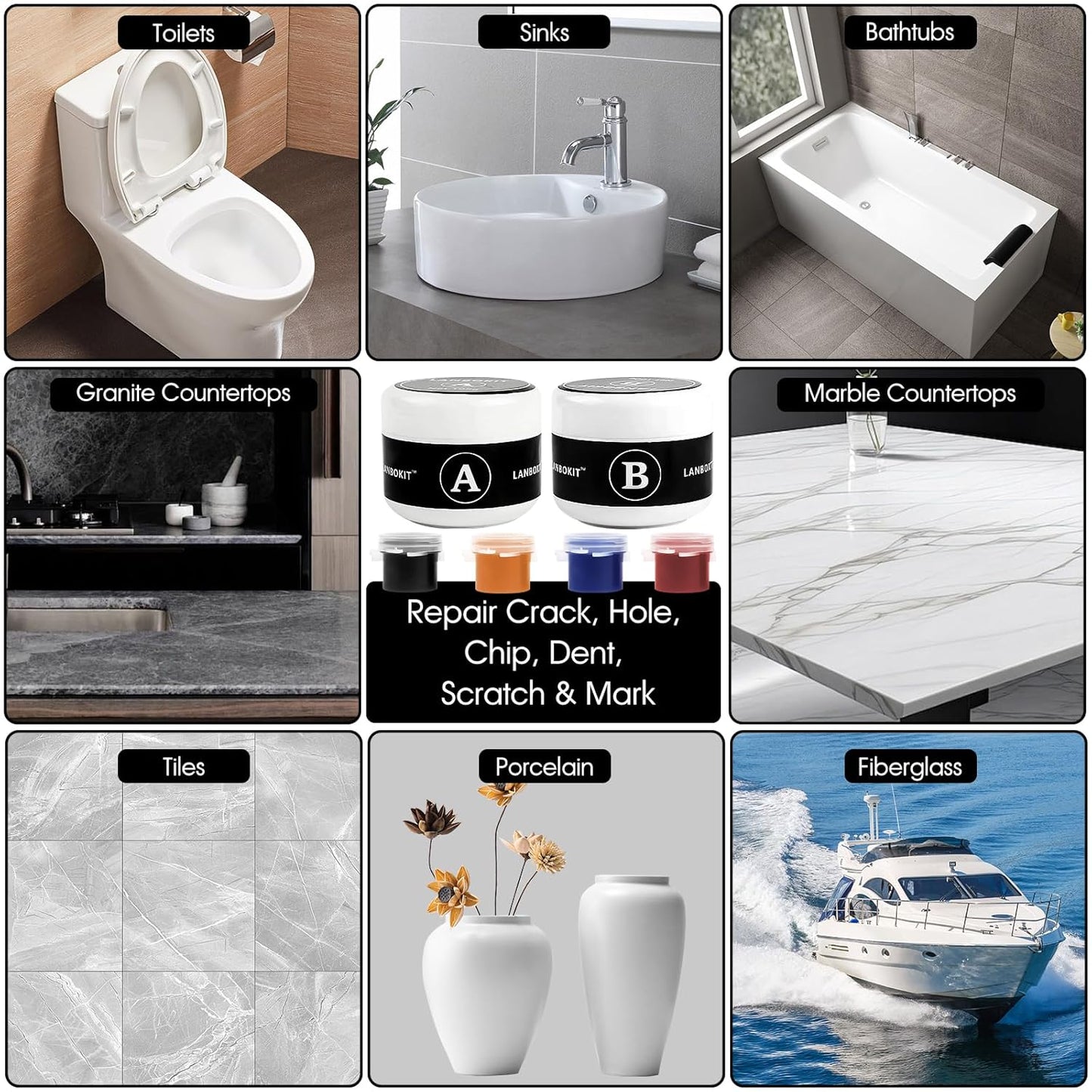 Tile & Fiberglass Tub Repair Kit(Color Matching), Porcelain Sink Repair Kit, Countertop Repair Kit