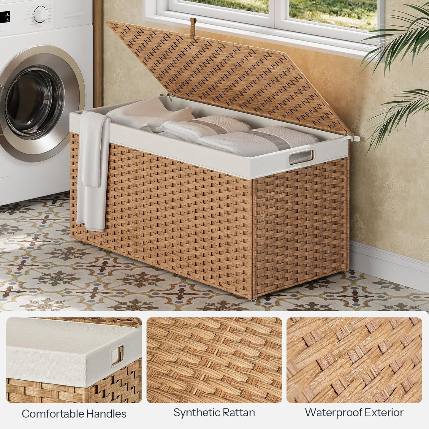HOOBRO Storage Basket with Lid, 52.8 Gallon (200L) Wicker Basket, Handwoven Blanket Storage Basket