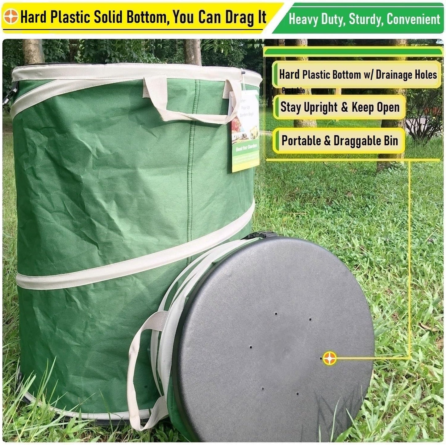 16-Gallon Collapsible Trash Can (16x19 in) Hard-Shell Bottom Yard Garden Bag for Pop-Up Trash