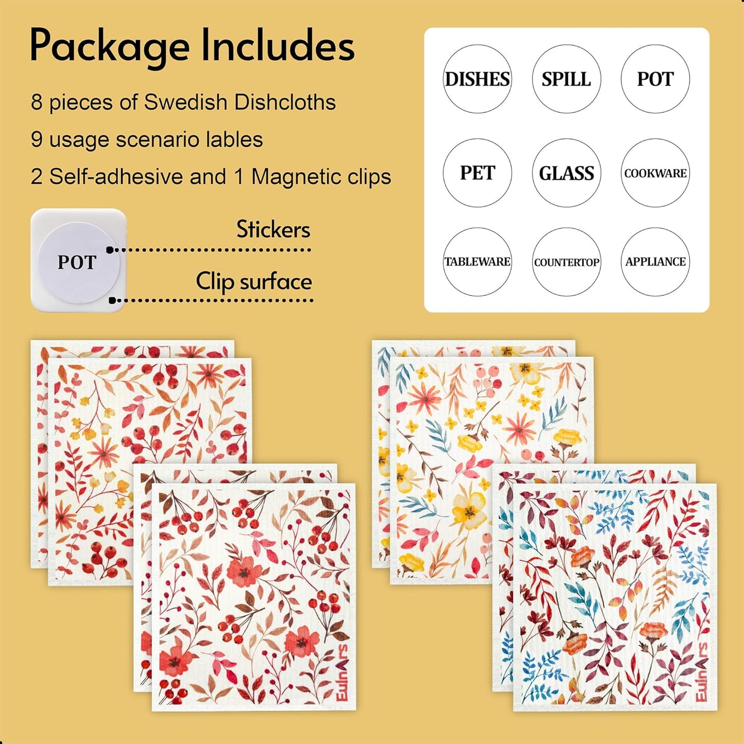 Swedish Dishcloths for Kitchen, 8 Pack Watercolor Reusable Paper Towels with Clips, Non-Scratch