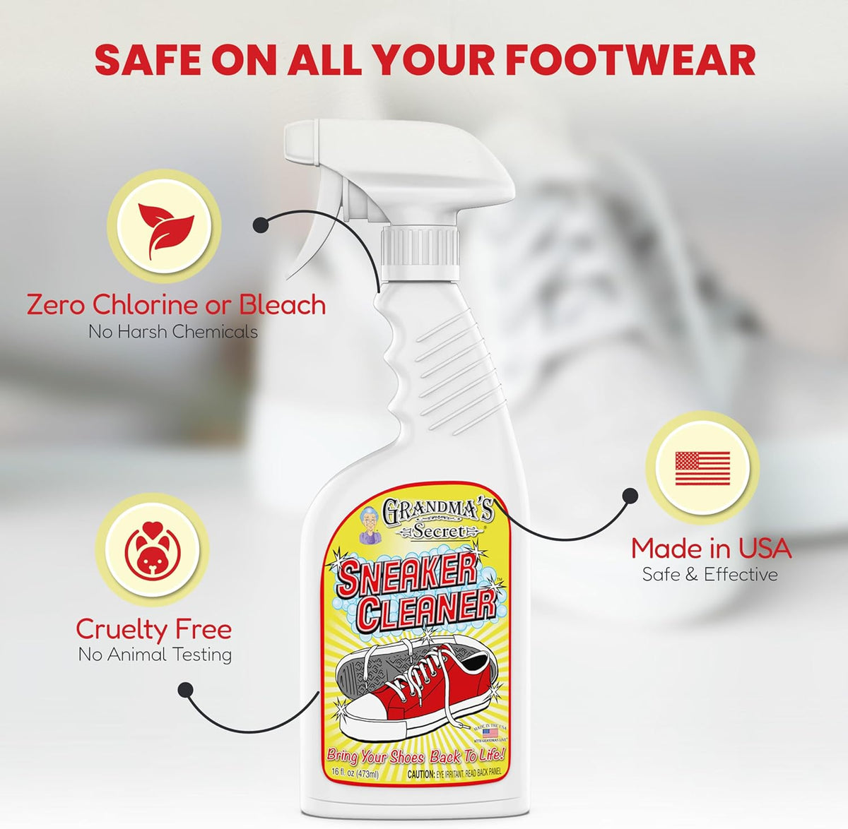 Grandma's Secret Sneaker Cleaner for Rubber, Canvas, Leather - Stain Remover Spray Removes Dirt