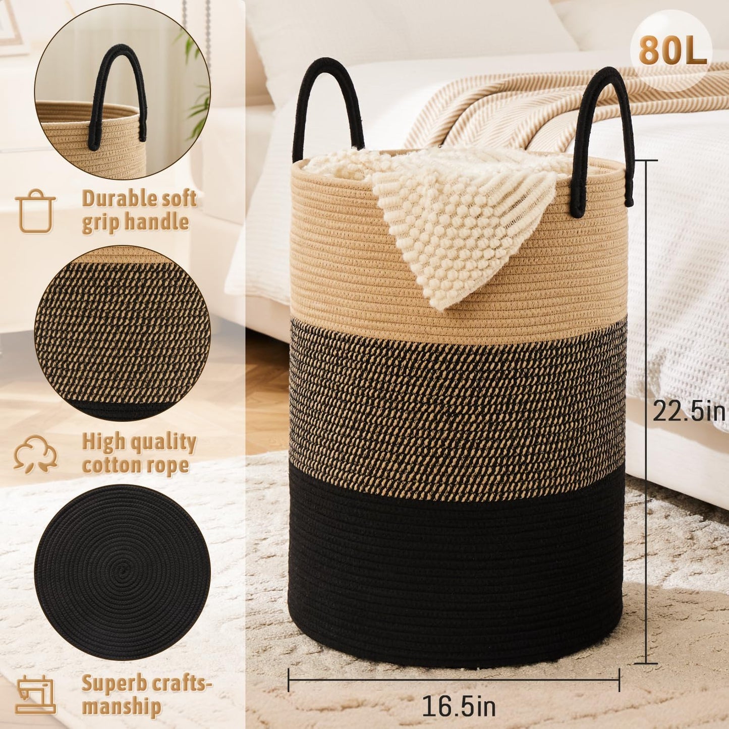 Laundry Basket,Woven Cotton Rope Laundry Hamper,80L for Decorative Storage of Dirty Clothes,Toys