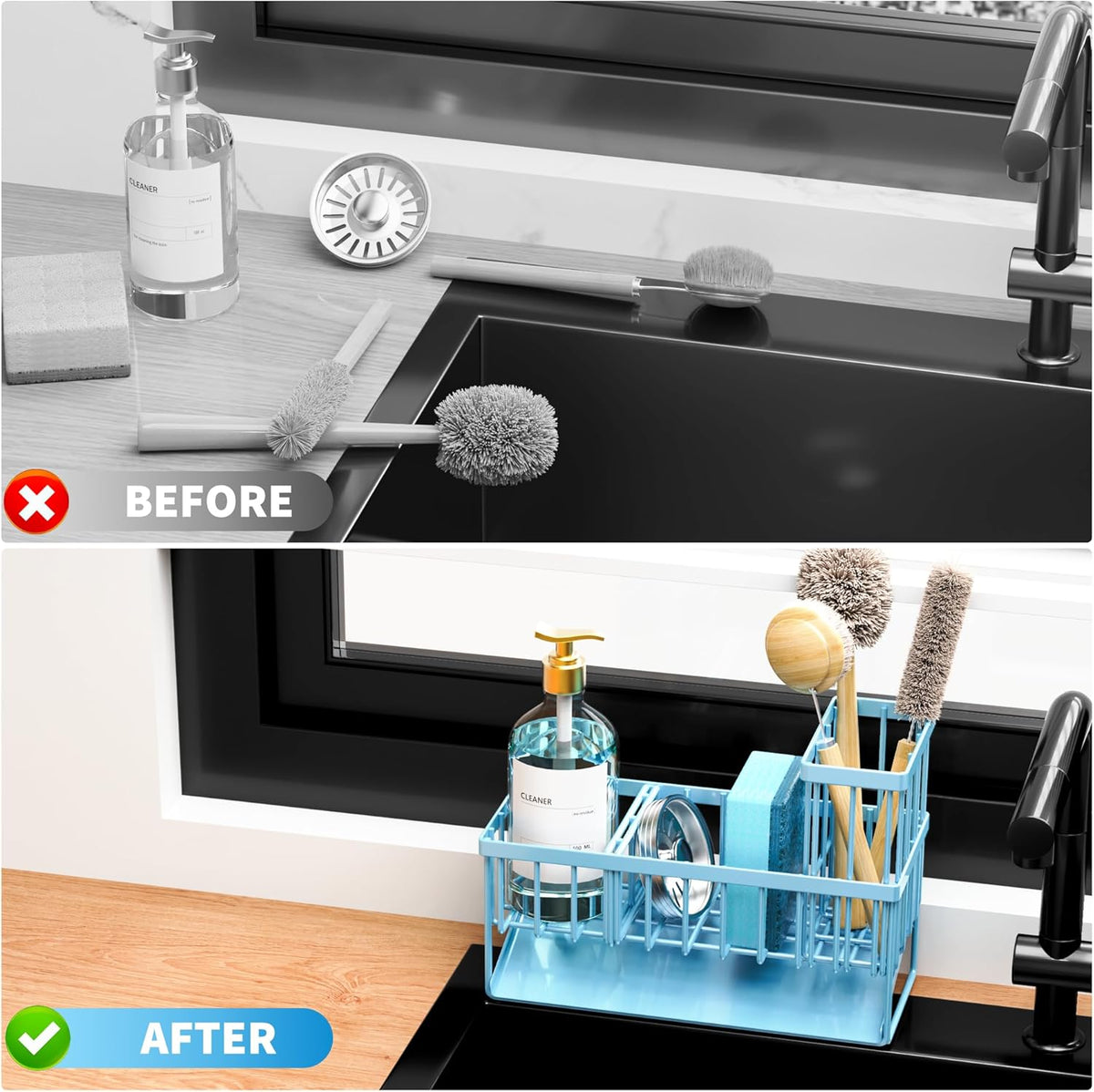 Cisily Blue Kitchen Sink Caddy Organzier with High Brush Holder, Sponge Holder for Sink, 304