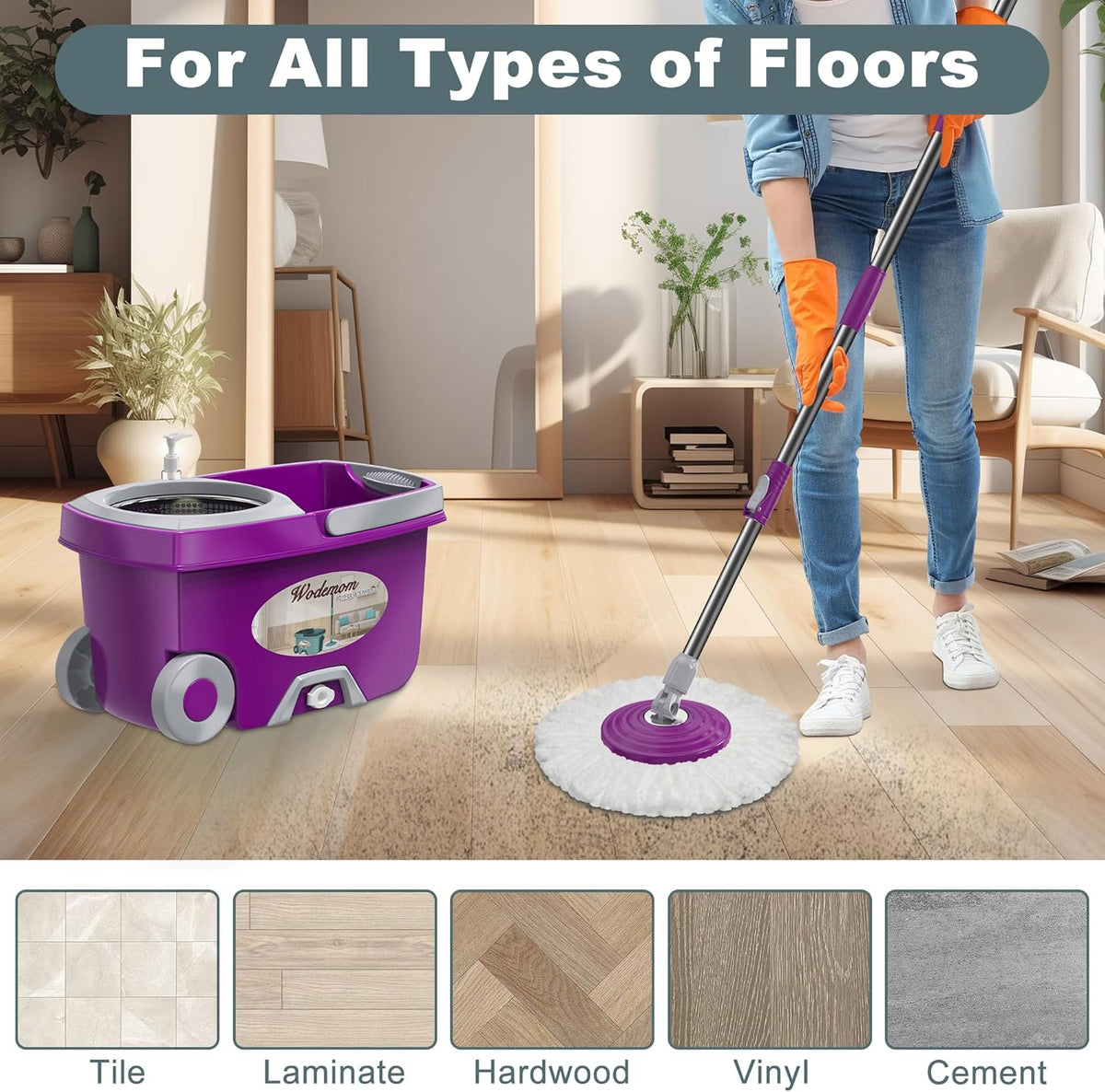 Dual Compartment Spin Mop and Bucket, Mop and Bucket with Wringer Set,360°Rotating Spinning Mopping