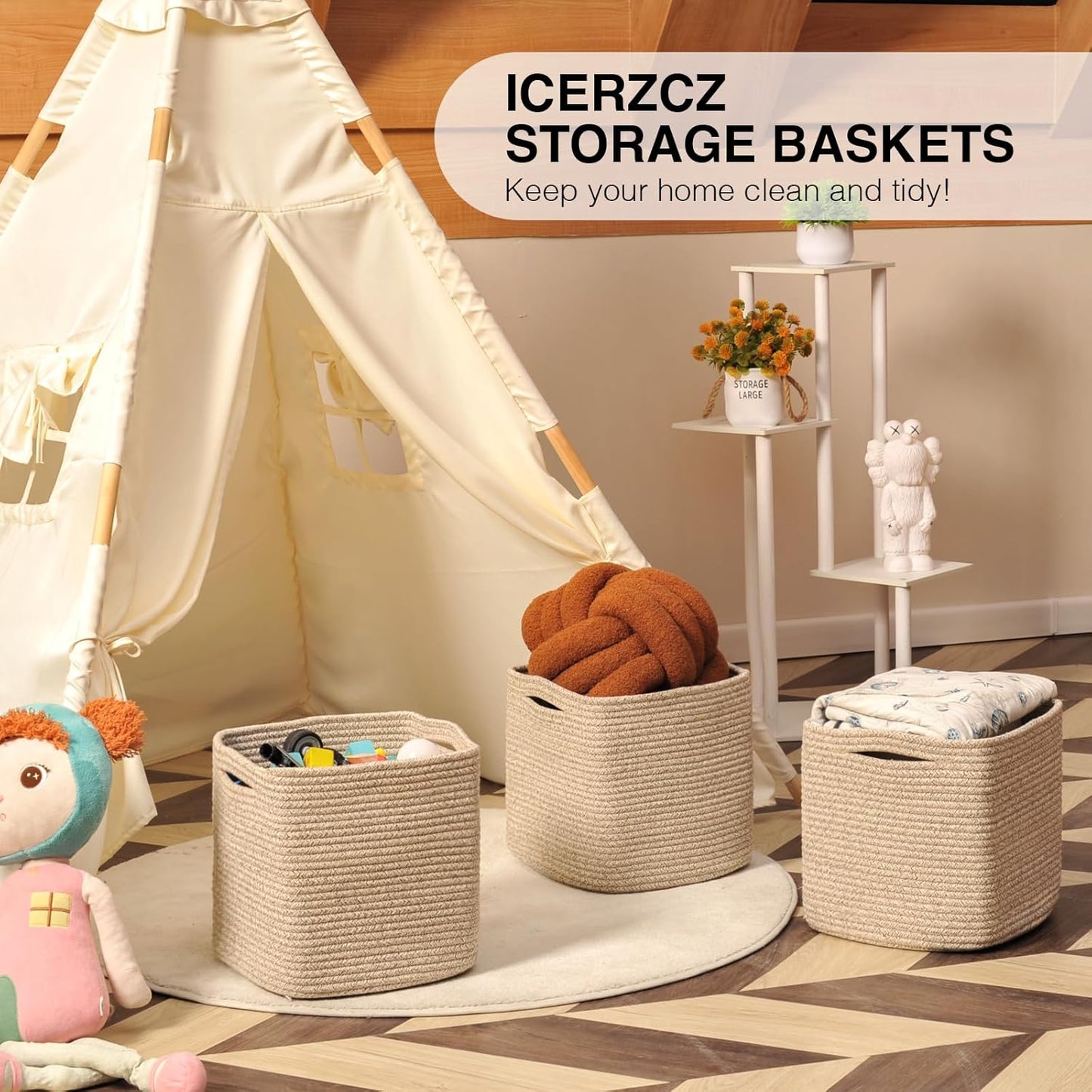 11 Inch Cube Storage Bins, Storage Cube Organizer Bins, Woven Cotton Rope Baskets for Storage