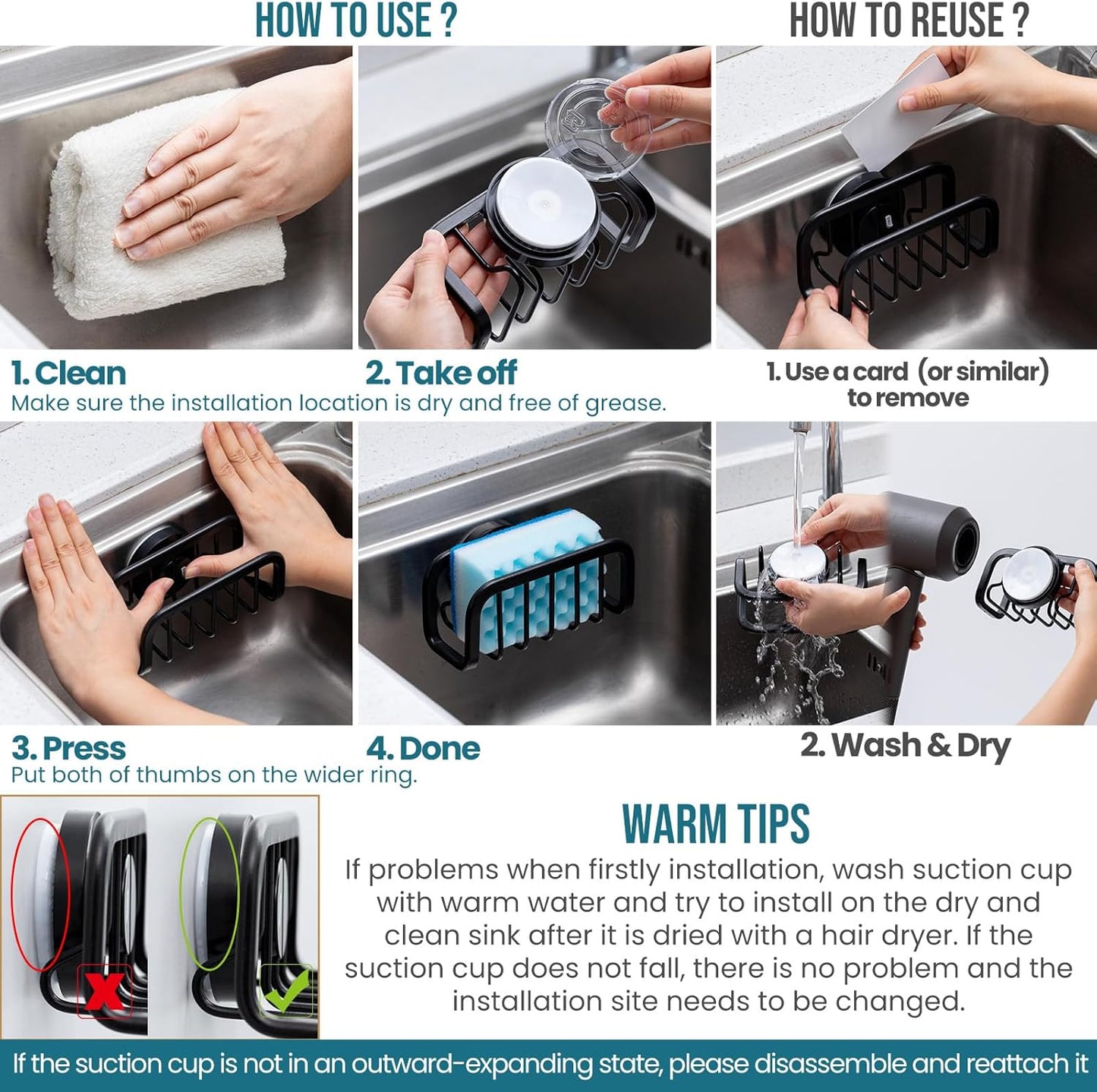 TAILI Sponge Holder for Kitchen Sink with Strong Suction Cup, Rustproof Aluminum Sink Caddy
