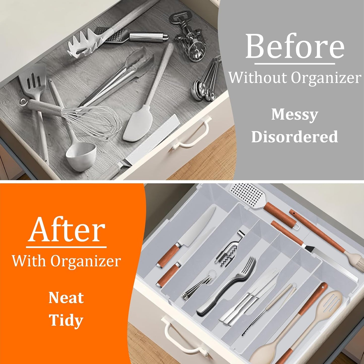 Expandable Large Silverware Organizer - BPA-Free Food-Safe Kitchen Utensil Drawer Organizer