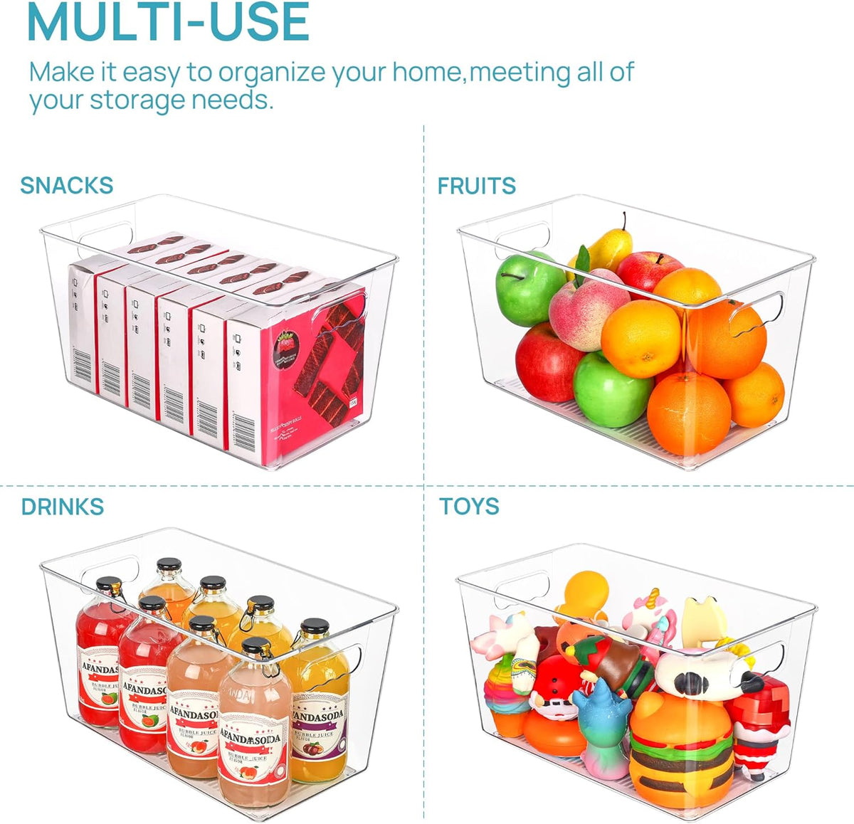 Vtopmart 6 PCS Clear Plastic Storage Bins, Pantry Organizer Containers with Handle for