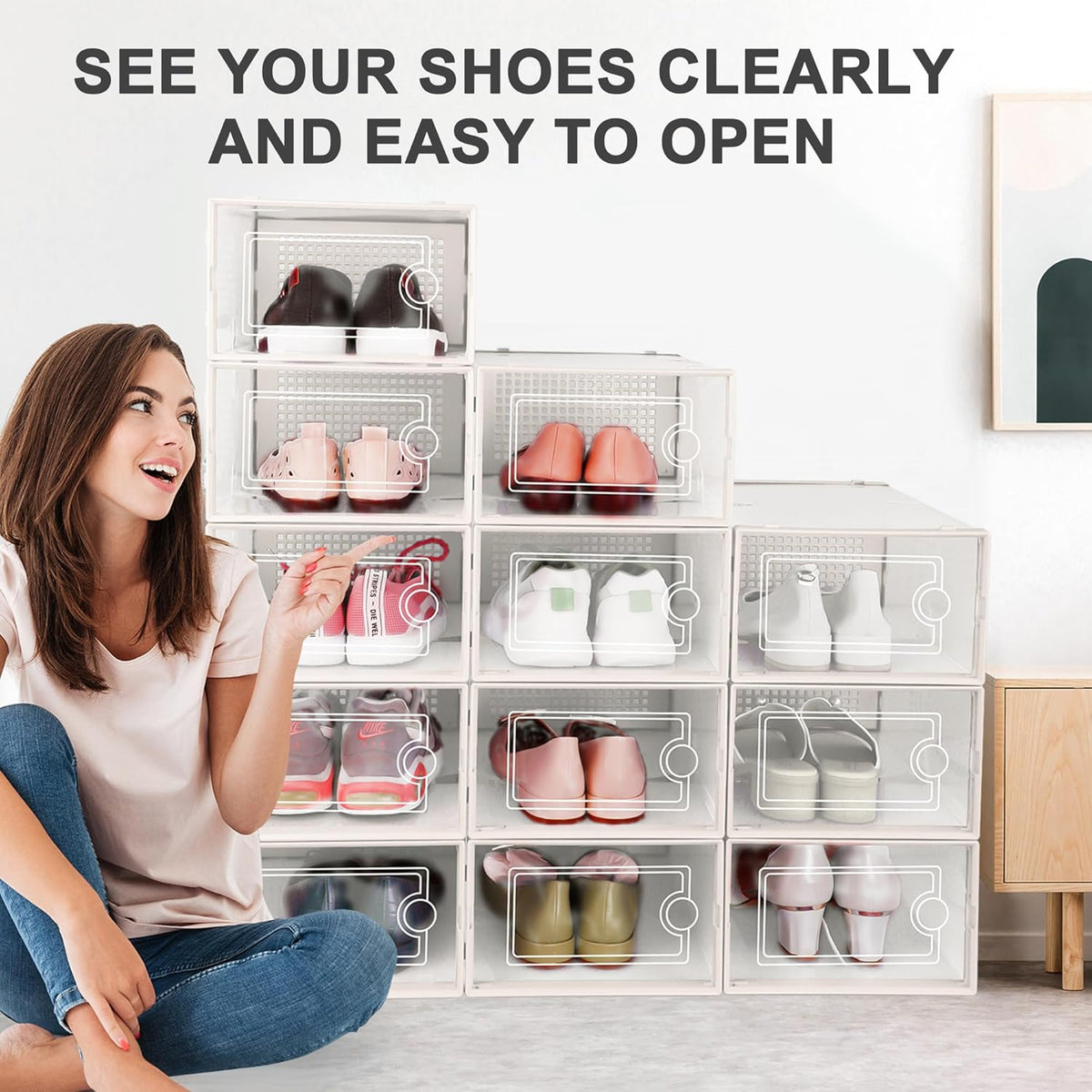 Kuject Large Shoe Organizers Storage Boxes for Closet, 12 Pack Clear Plastic Stackable Storage Bins