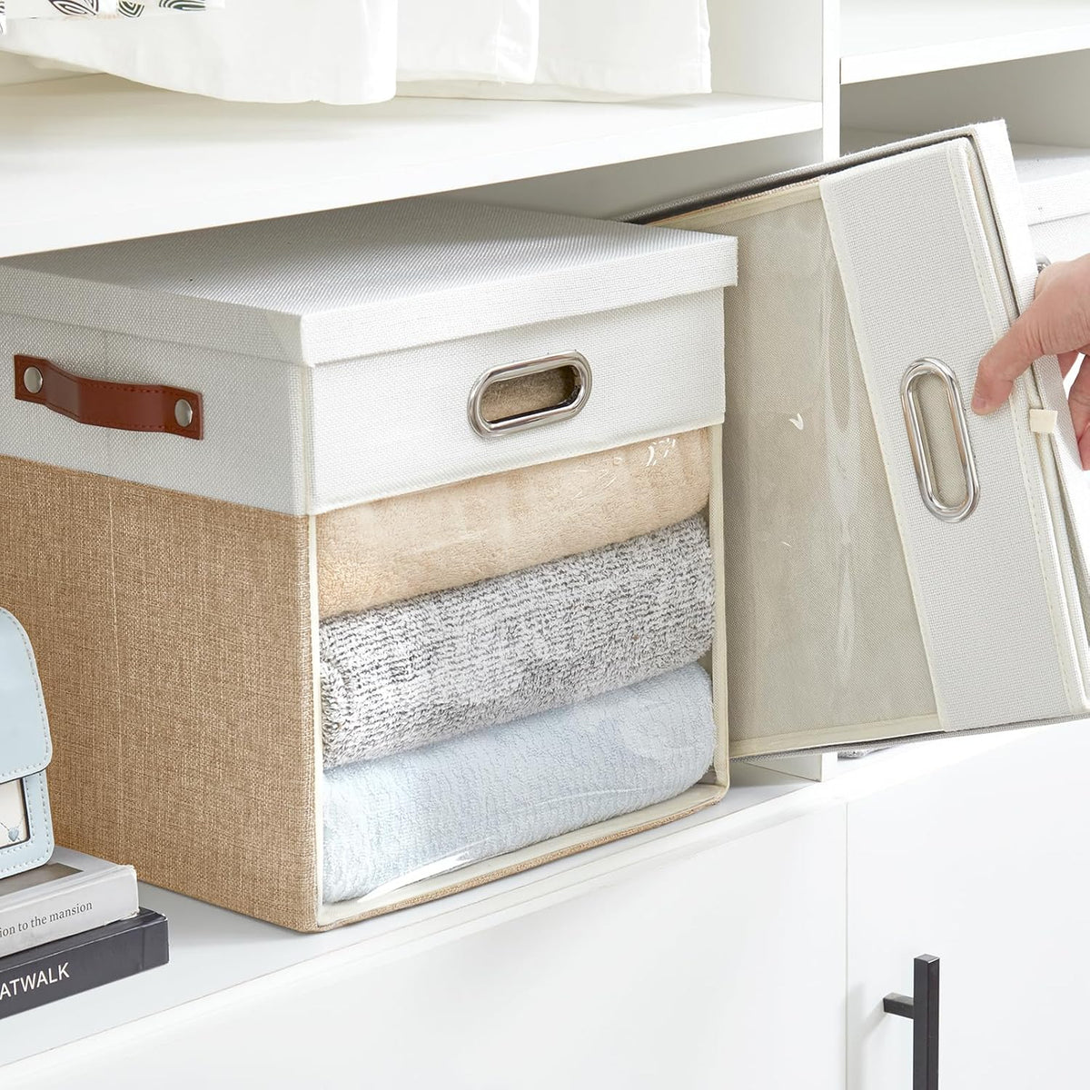 Fabric Storage Cubes with Clear Windows and Lids, 13'' Foldable Storage Bins with 3 Handles