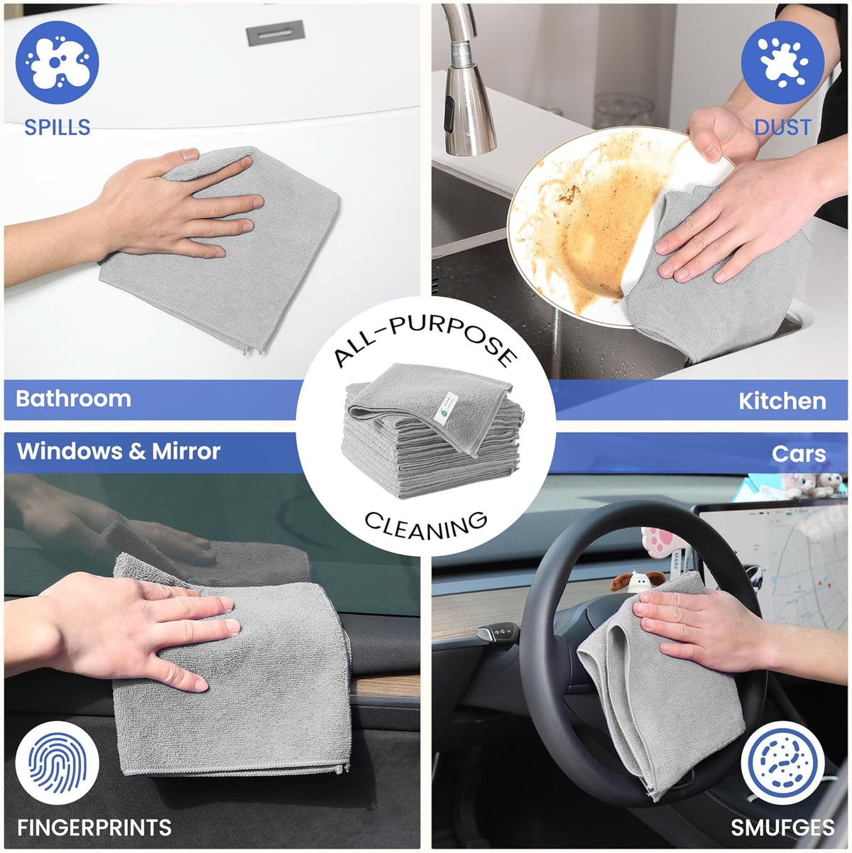 Microfiber Cleaning Cloths - 12 Pack, Grey, 12.2" x 12.2", Lint-Free, Streak-Free, Absorbent