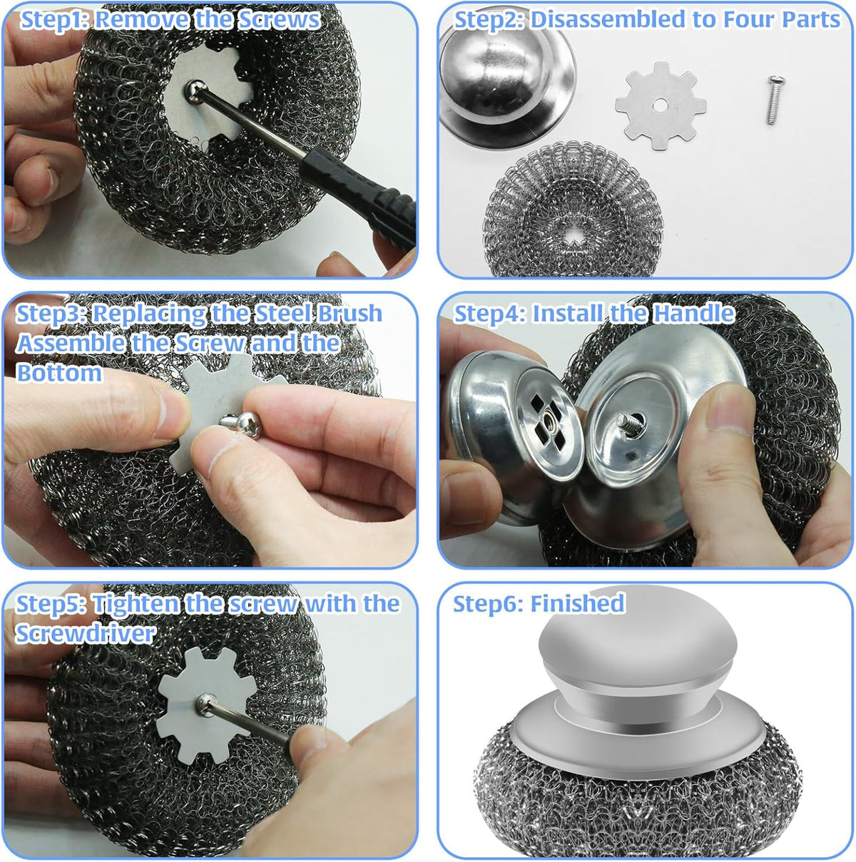 2Pcs Stainless Steel Wool Scrubber Sets, Dish Scrubber with Long Short Handle Stainless Steel