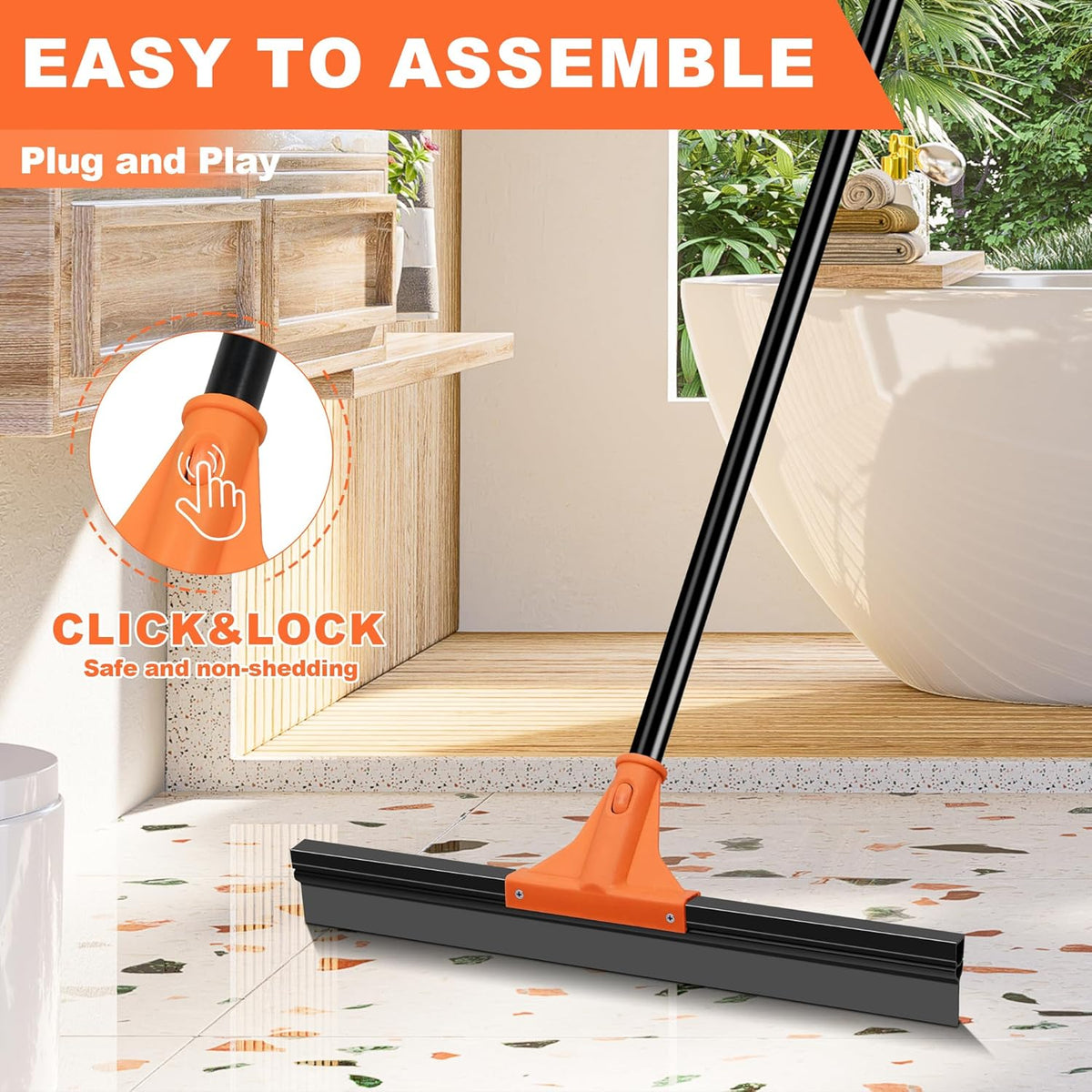 JEHONN Floor Squeegee Heavy Duty with 58.3 inches Long Handle, Rubber Scraper Broom for Cleaning