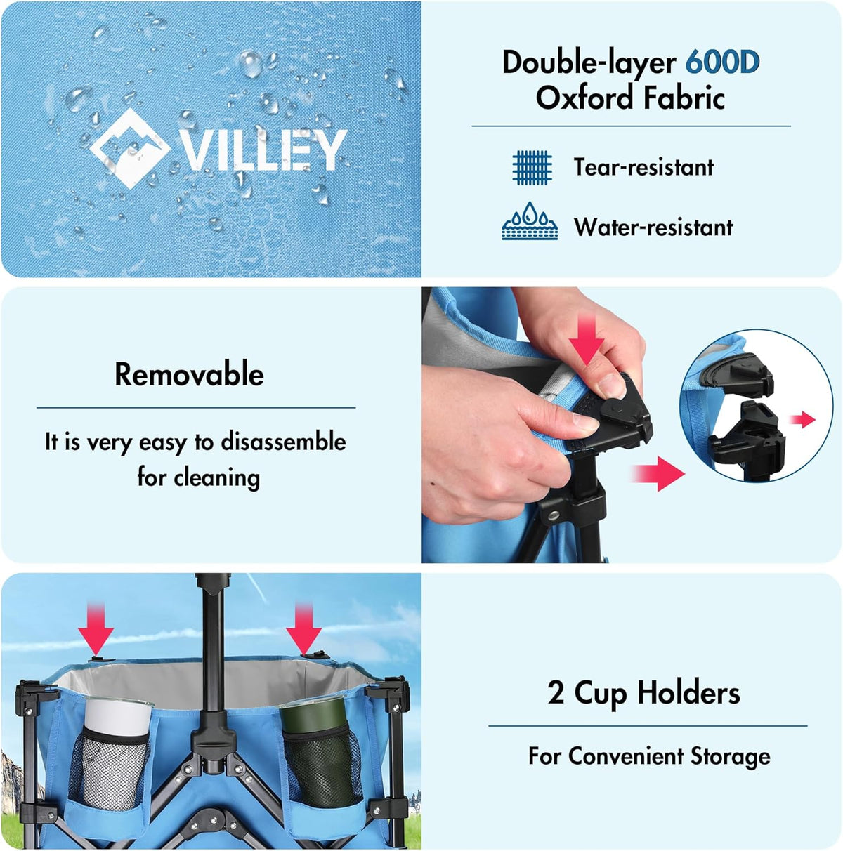 VILLEY Extended Collapsible Foldable Wagon with 330LBS Weight Capacity, 220L Heavy Duty Folding
