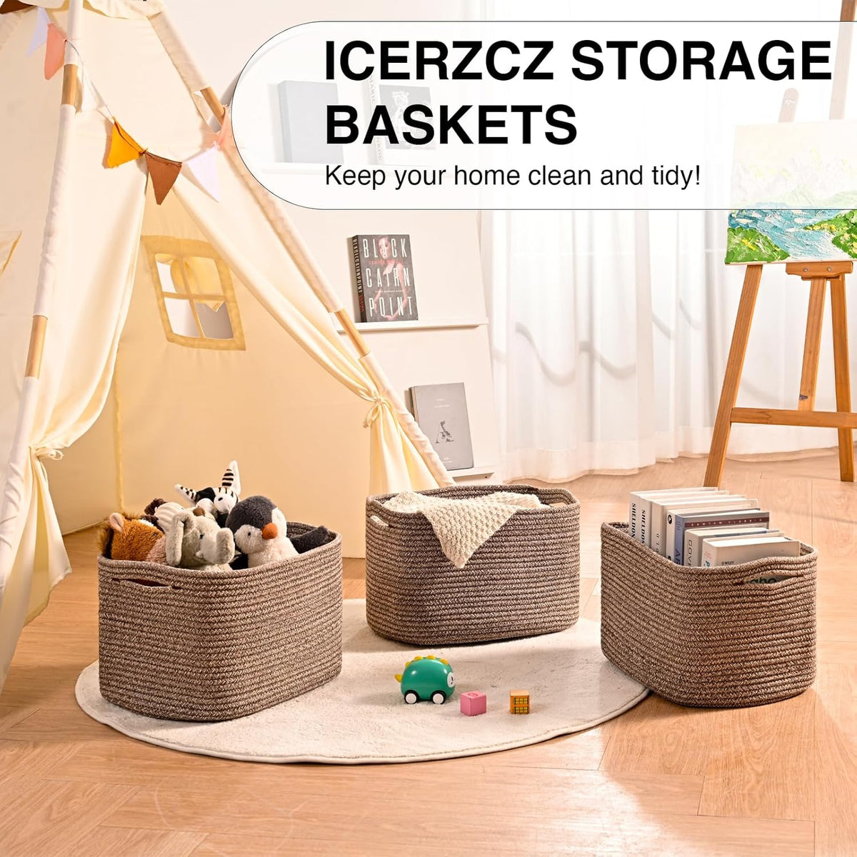 Storage Baskets for Organizing Shelves, Woven Cotton Rope Bins for Baby Nursery Organization, Book