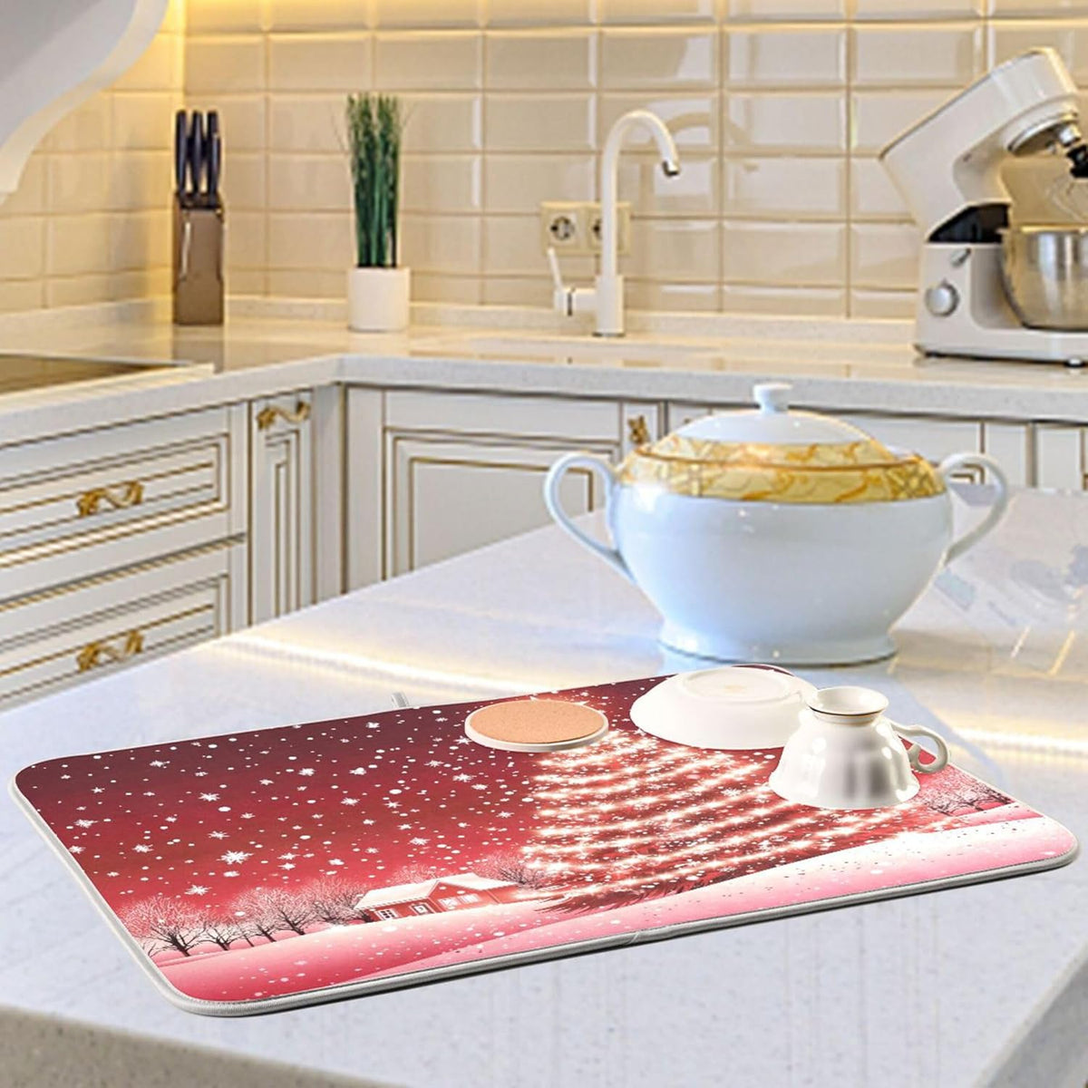 Christmas Tree Red Dish Drying Mat for Kitchen Countertop 18x24 Winter Snow Cabin Xmas Large Drying