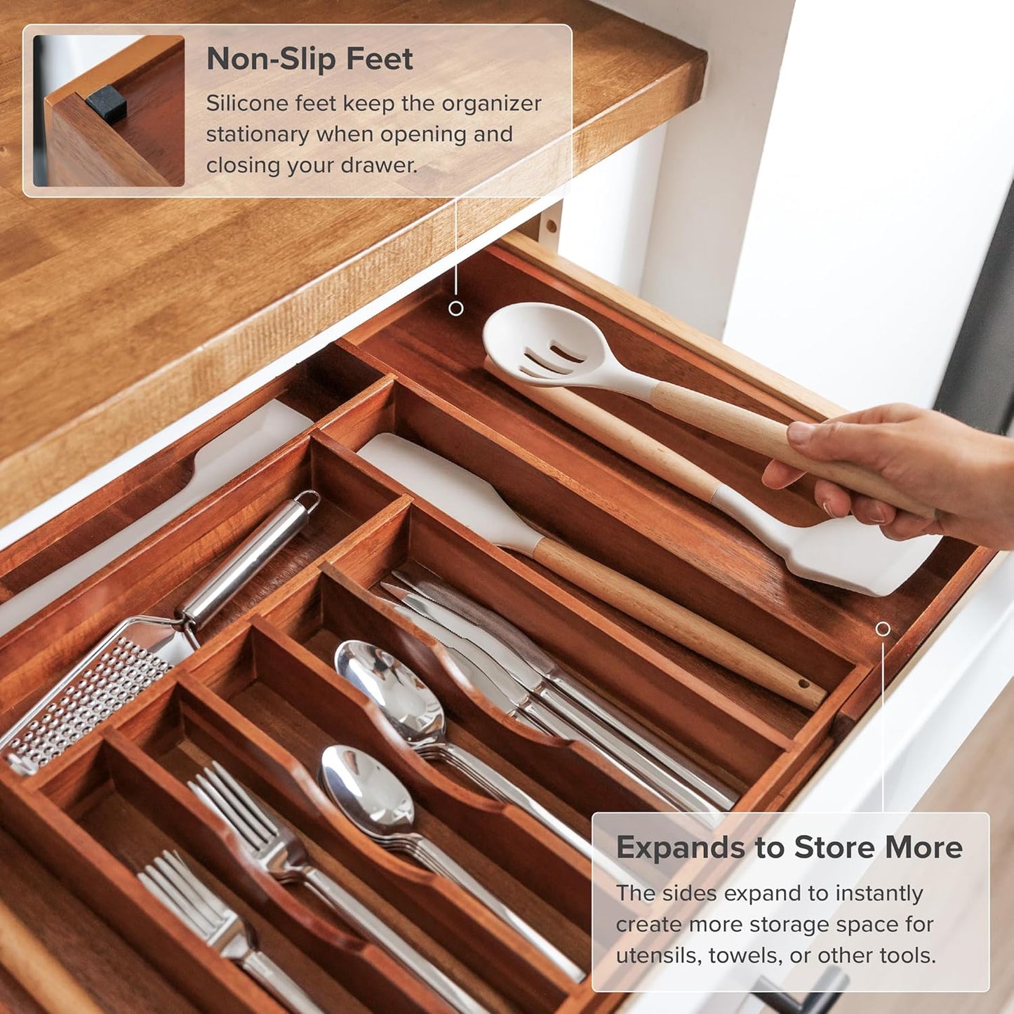 KitchenEdge Premium Silverware, Flatware and Utensil Organizer for Kitchen Drawers, Expandable 14.5