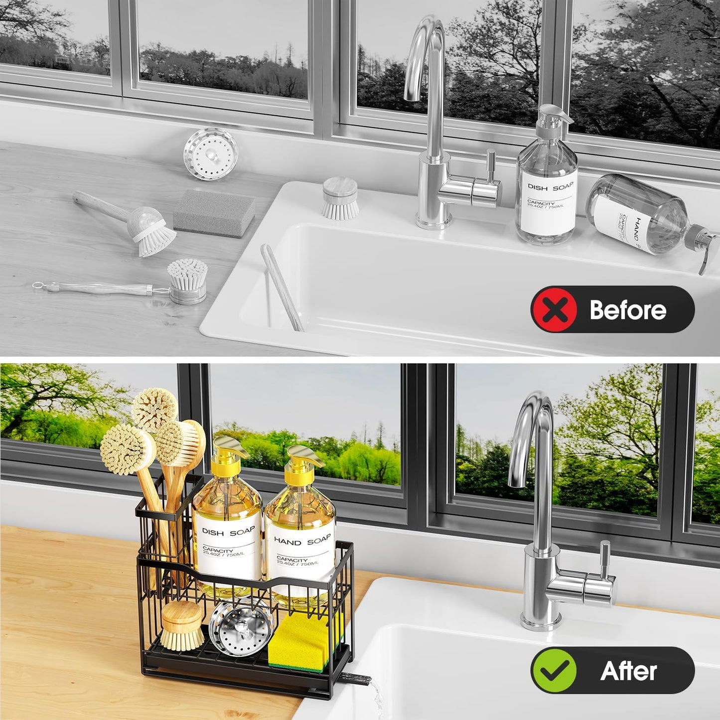 2-Tier Kitchen Sink Caddy with High Brush Holder&Self-Draining Tray,Rustproof&Non-Slip Sink Sponge
