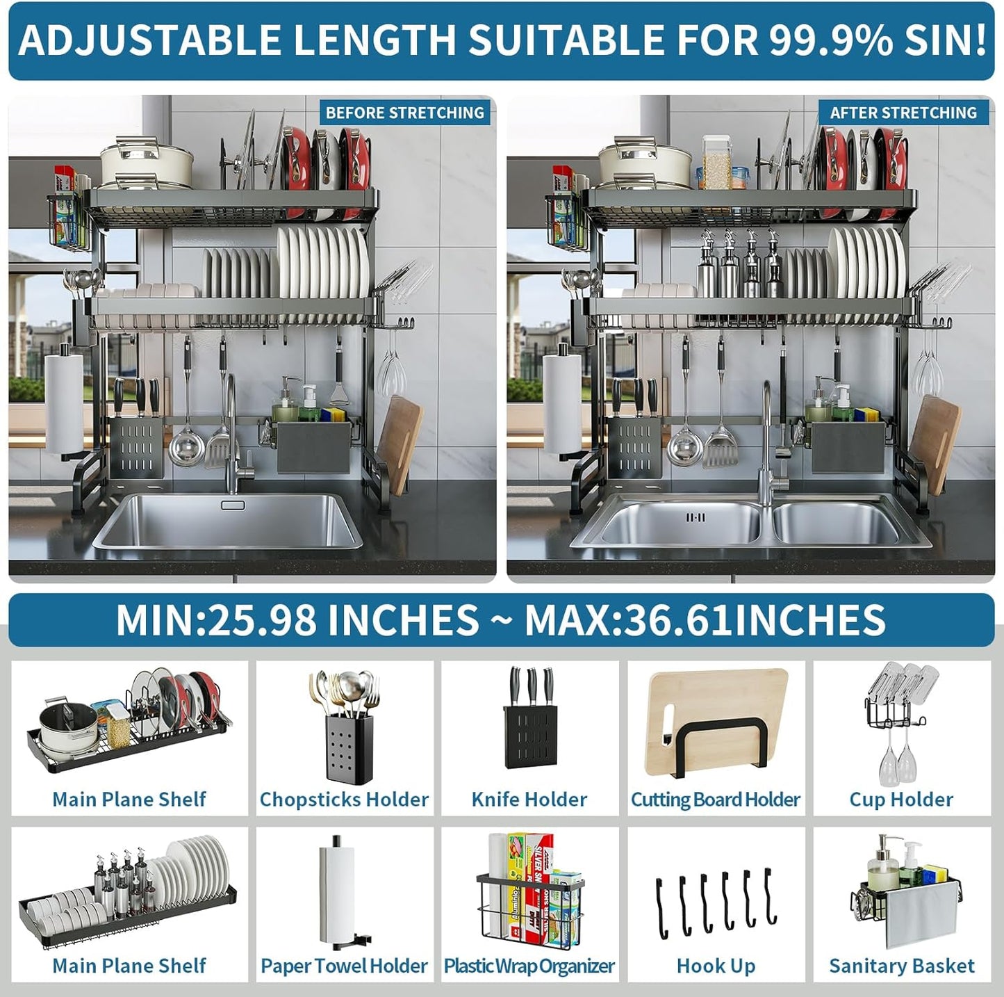 Over The Sink Dish Drying Rack,3 Tier Adjustable Length Full Stainless Steel Large Storage Kitchen