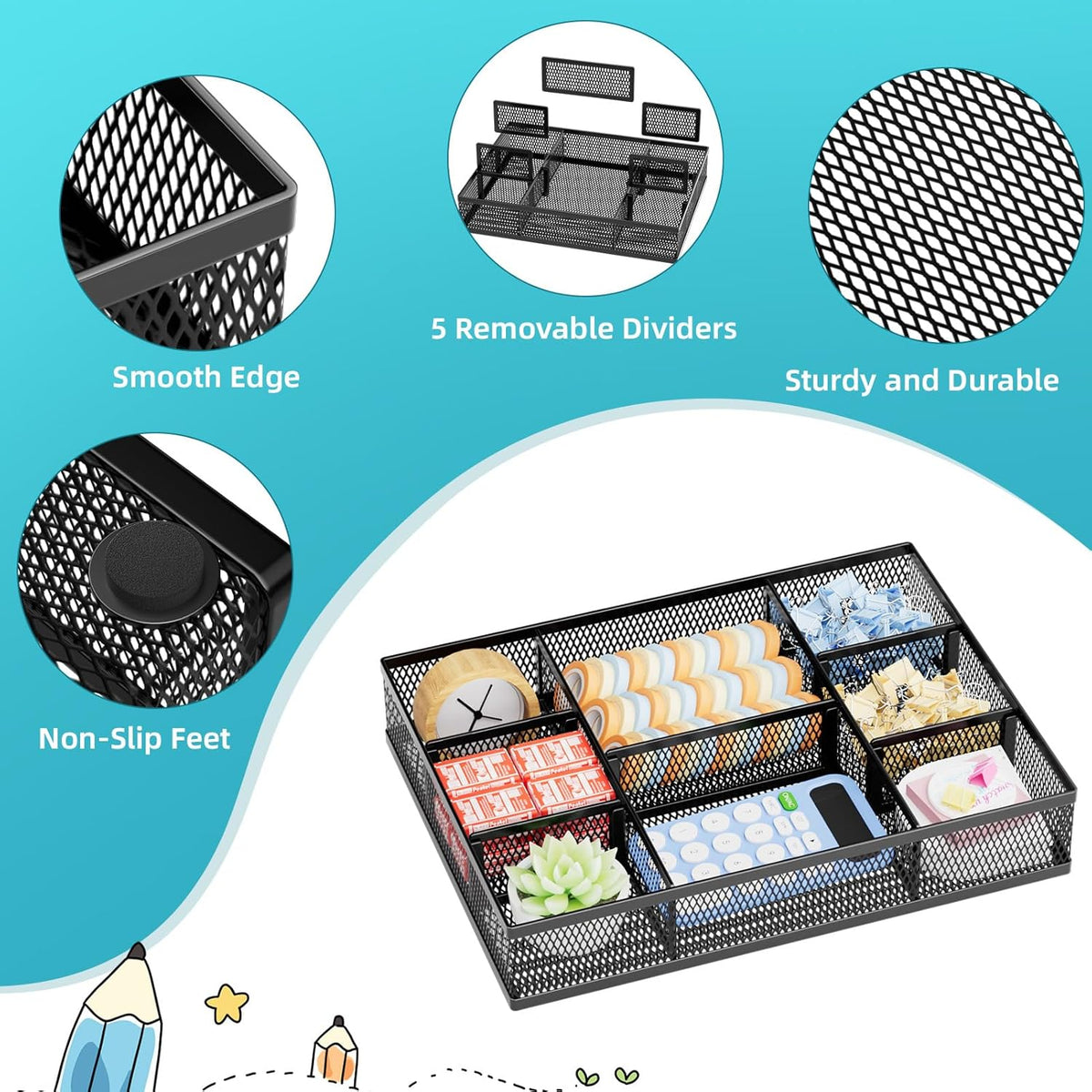 Marbrasse 2 Pack Desk Drawer Organizer, Mesh Drawer Organizer Tray with 8 Adjustable Compartments
