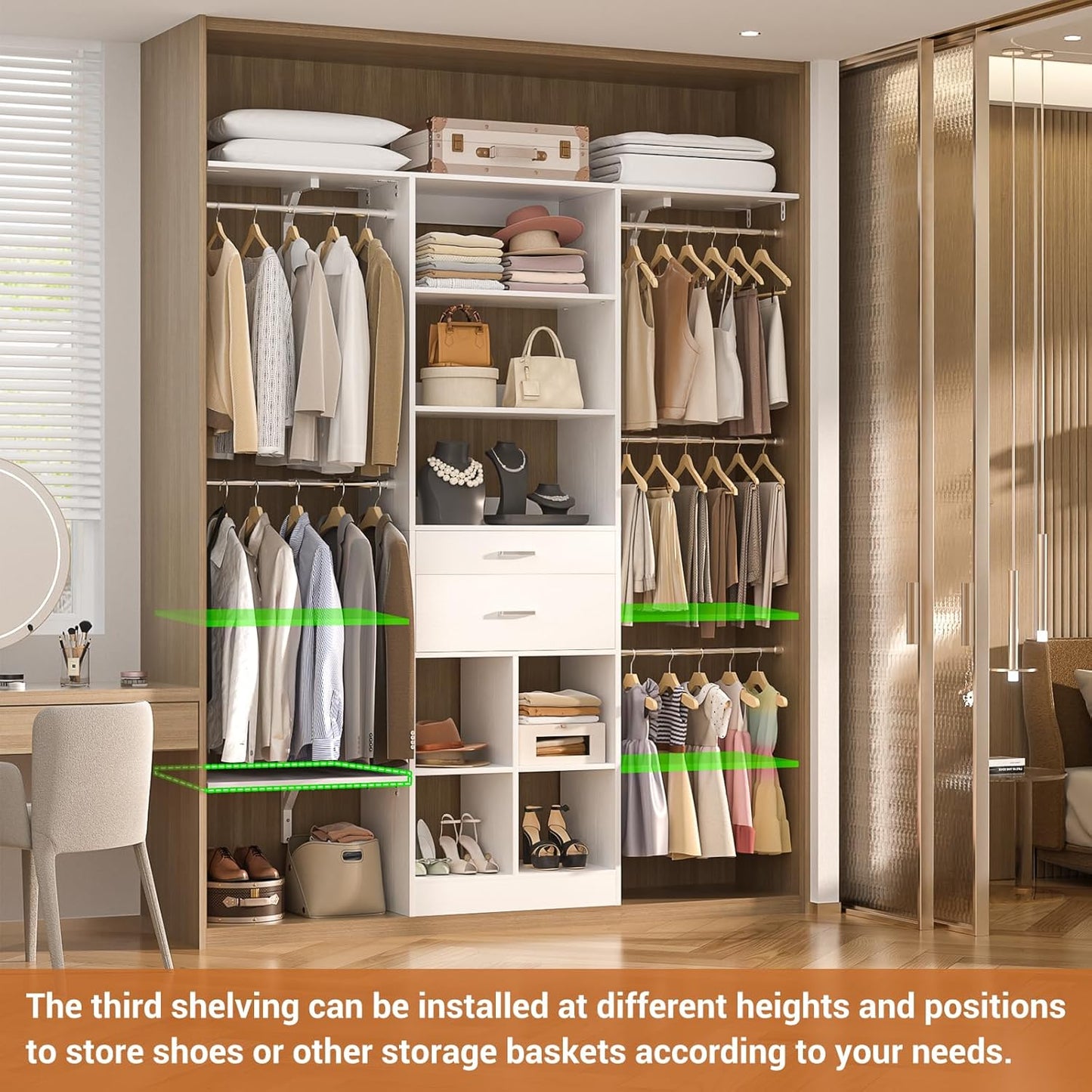 5FT Small Closet System, Baby Closet Organizer System with Wooden Drawers, 60 Inches Walk In Closet