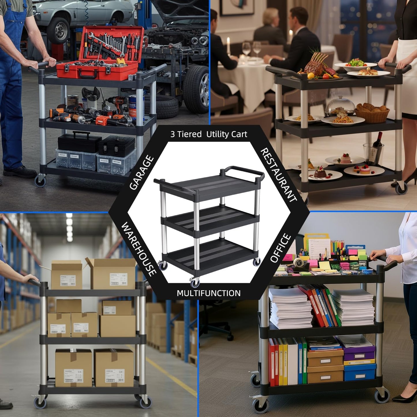 Plastic Utility Carts with Wheels, 3-Tier Rolling Service Cart, 300 lbs Heavy Duty Capacity with 4