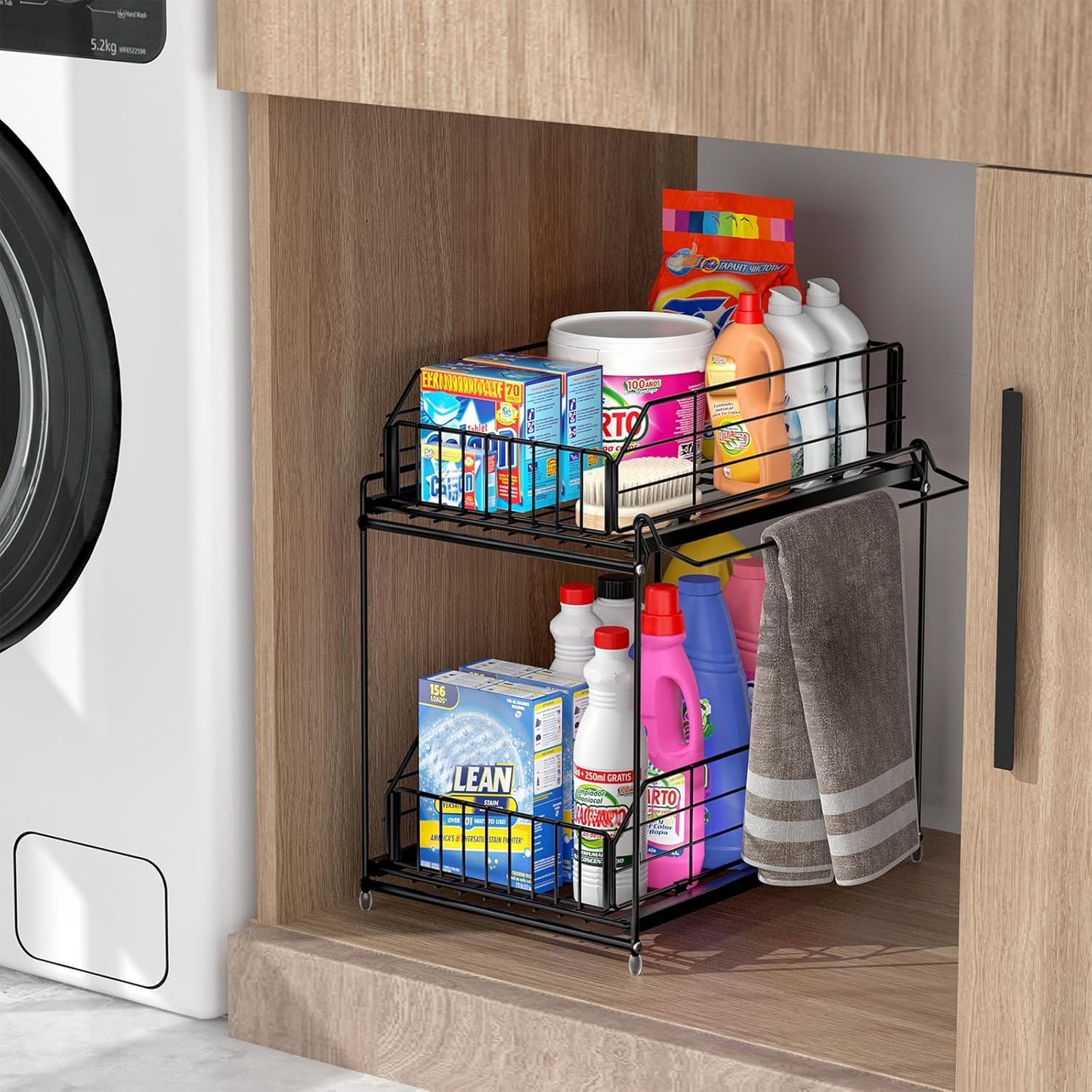 SUEH DESIGN Under Sink Organizers and Storage, 2 Tier Metal Under Sink Storage with Hanging Rail