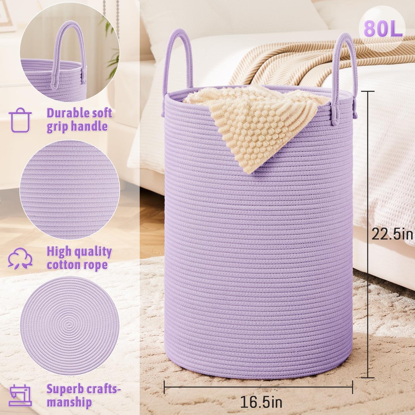 Laundry Basket,Woven Cotton Rope Laundry Hamper,80L for Decorative Storage of Dirty Clothes,Toys