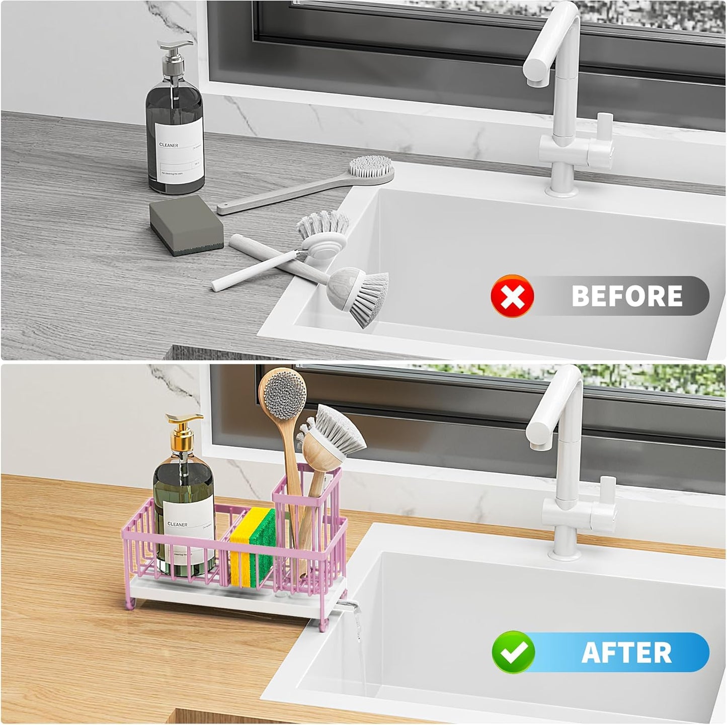 Cisily Pink Sponge Holder for Kitchen Sink, Sink Caddy Organizer with High Brush Holder, Countertop