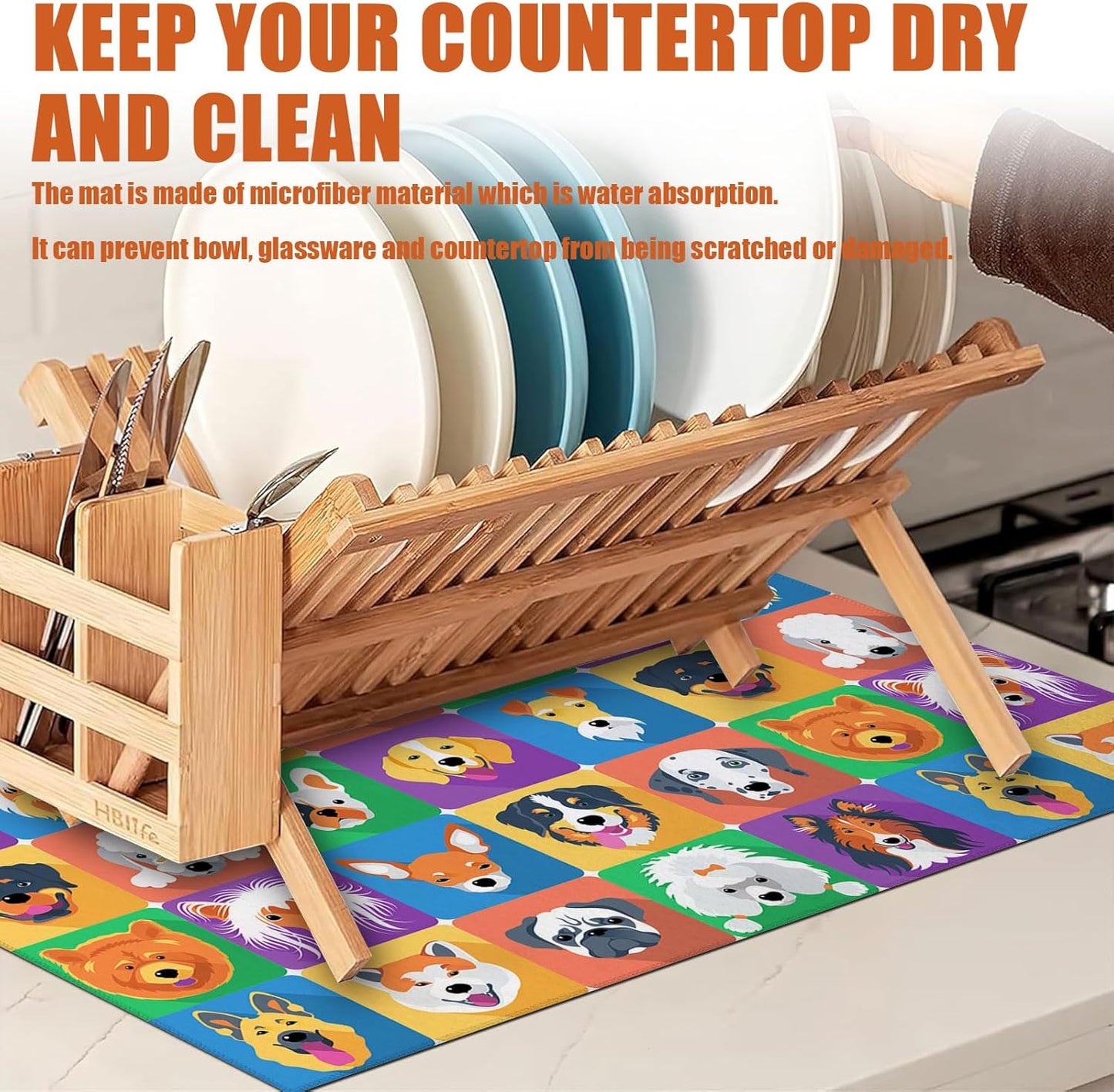 Cute Dogs Dish Drying Mat for Kitchen Counter Microfiber Absorbent Dish Kitchen Drying Mat Draining