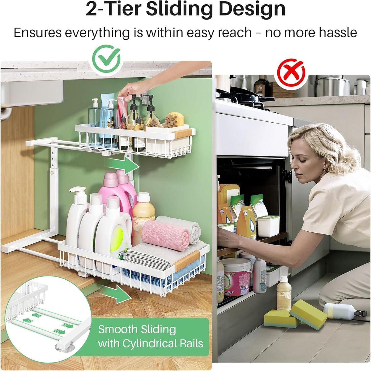 Under Sink Organizer, 2 Packs 2 Tier Under Sink Organizers and Storage, Slide out Pull out Cabinet