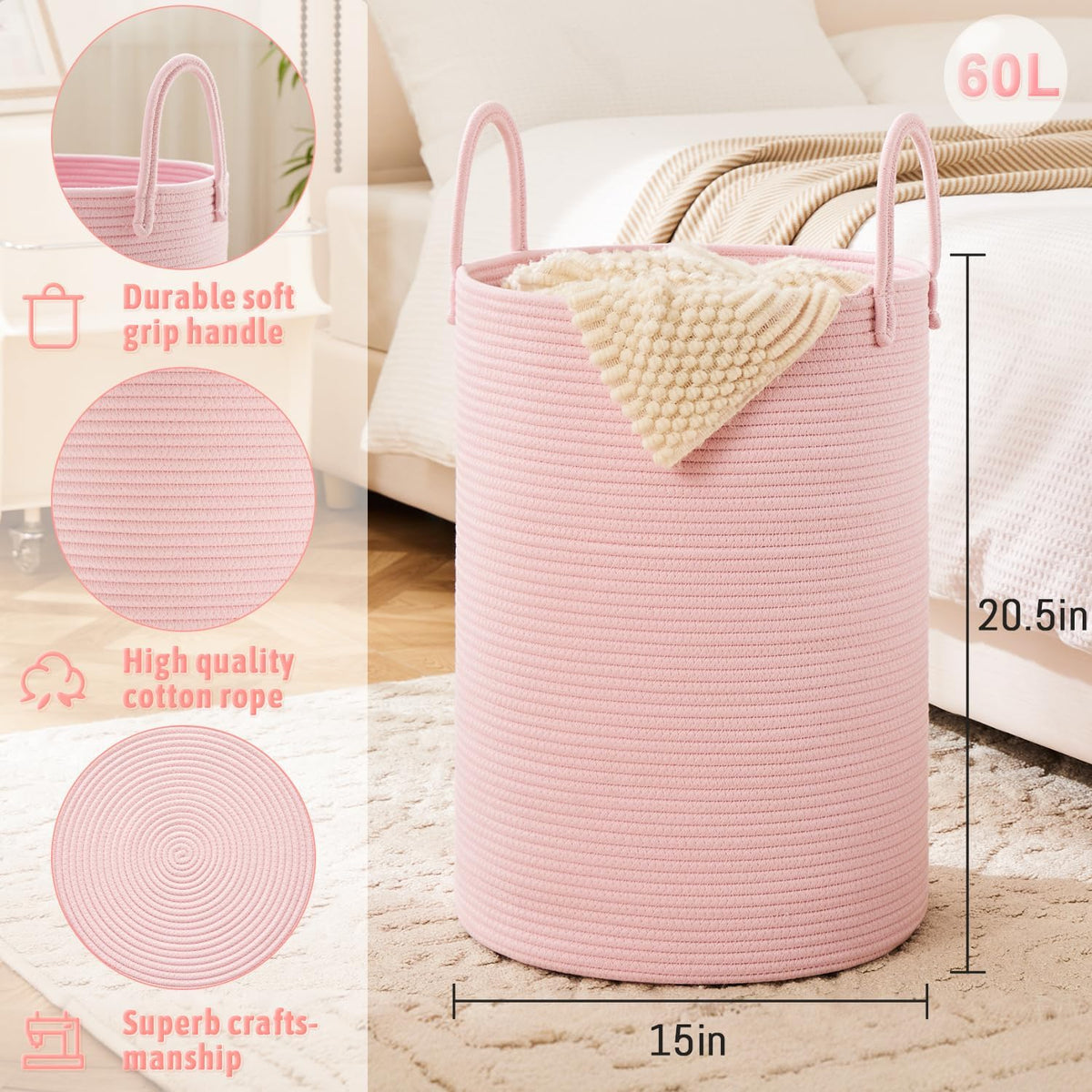 Laundry Basket,Woven Cotton Rope Laundry Hamper,60L for Decorative Storage of Dirty Clothes,Toys