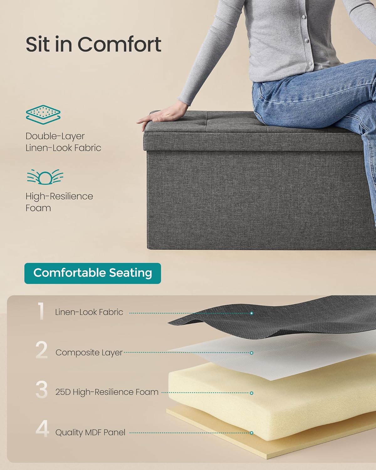 SONGMICS MAZIE Collection - 30 Inches Folding Storage Ottoman Bench, Ottoman Foot Rest, End of Bed