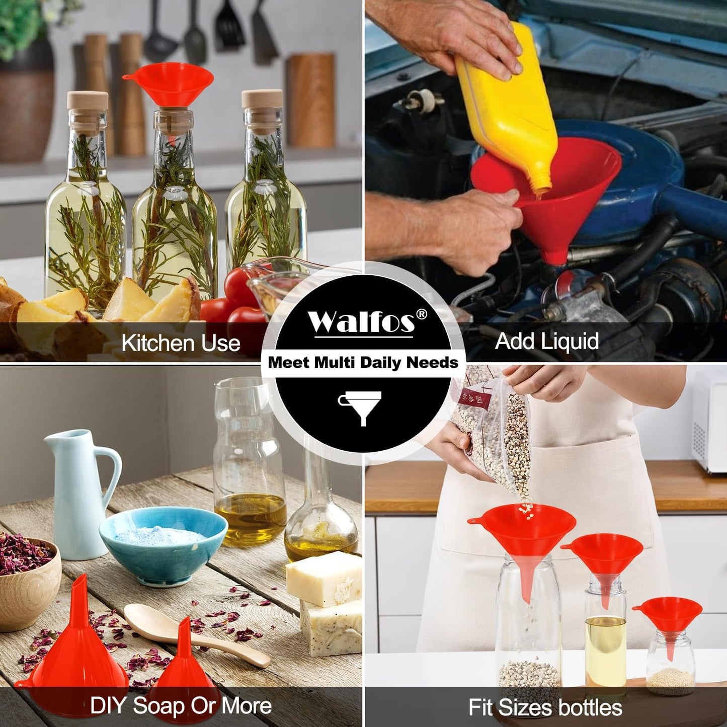 walfos 4pcs Kitchen Plastic Funnel (NO BPA),Automotive Funnel for Liquid Transfer,funnels for