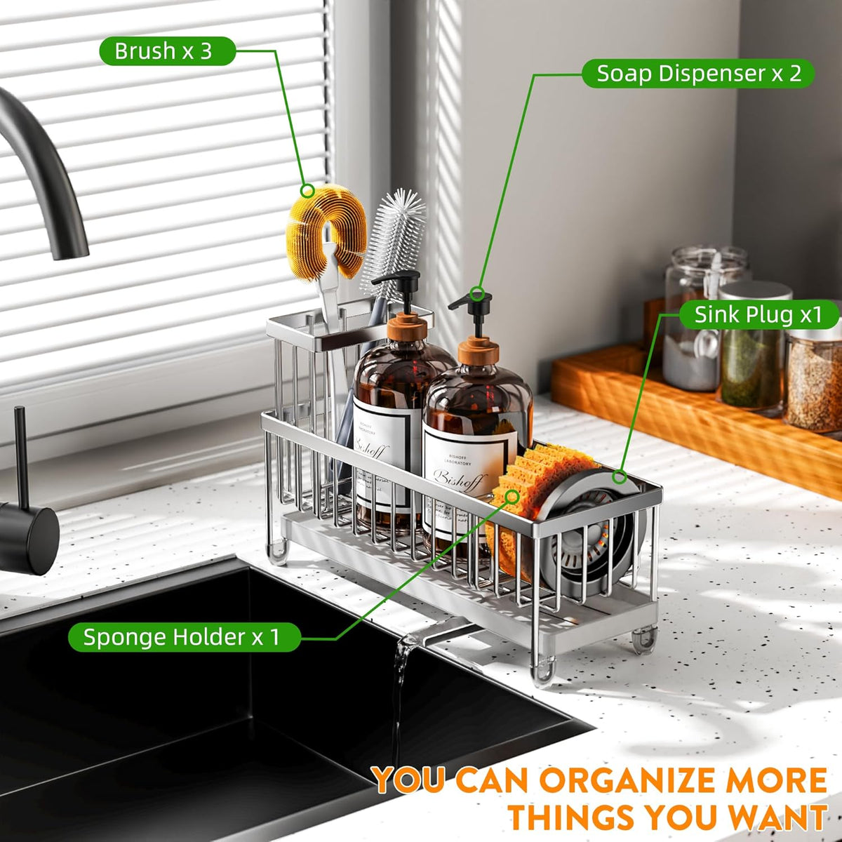 Cisily Extra Large Silver Sponge Holder for Kitchen Sink, Sink Caddy Organizer with High Brush