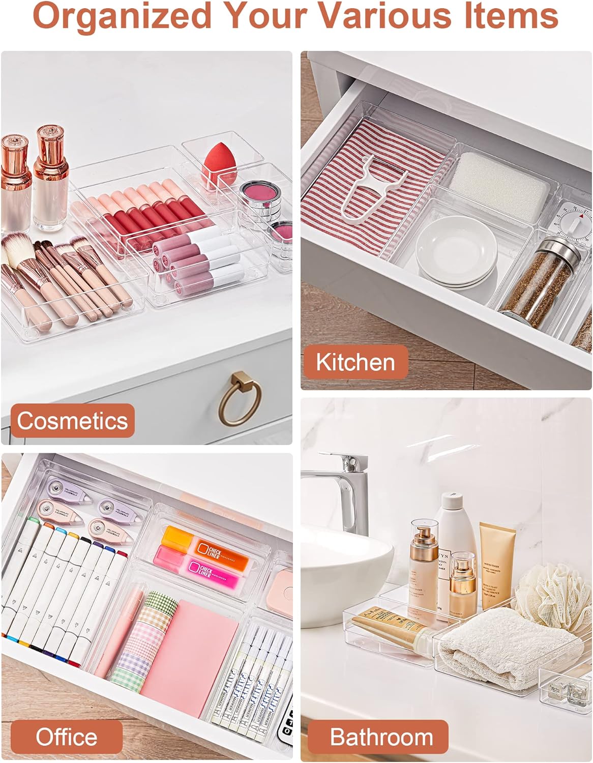 SMARTAKE 13-Piece Drawer Organizer with Non-Slip Silicone Pads, 5-Size Desk Drawer Organizer Trays