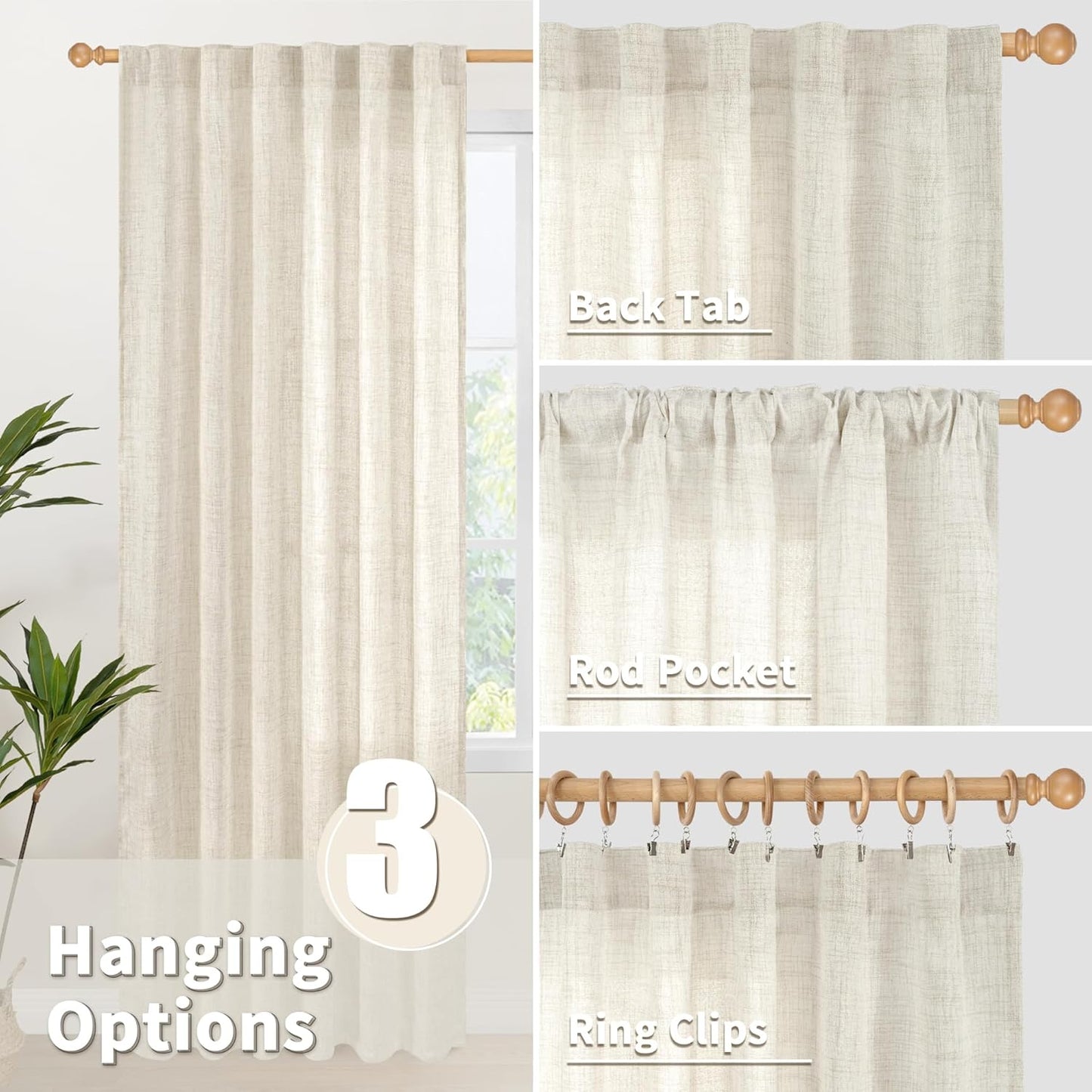 YoungsTex Linen Curtains 72 Inch Length for Living Room - Light Filtering Window Drapes with Back