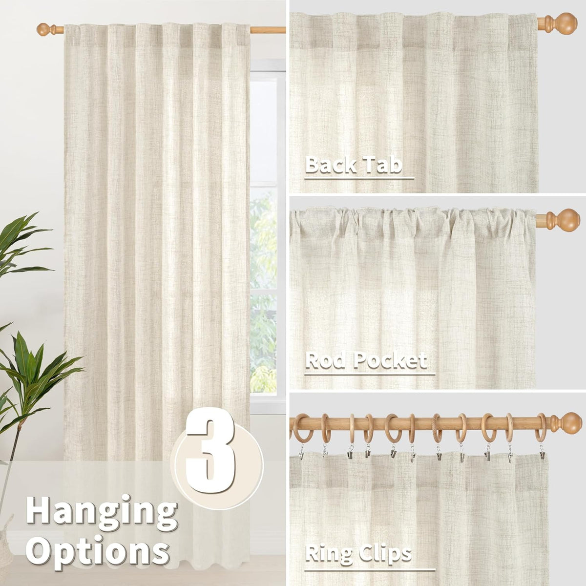 YoungsTex Boho Linen Curtains 63 Inch Length 2 Panels for Living Room - Cream Semi Sheer Window