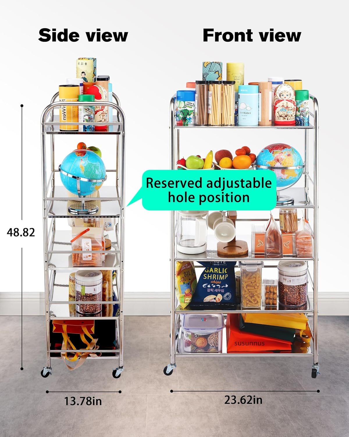 susunnus Stainless Steel Cart with Wheels 5 Tier,Stainless Steel Kitchen Cart,Utility Cart,Metal