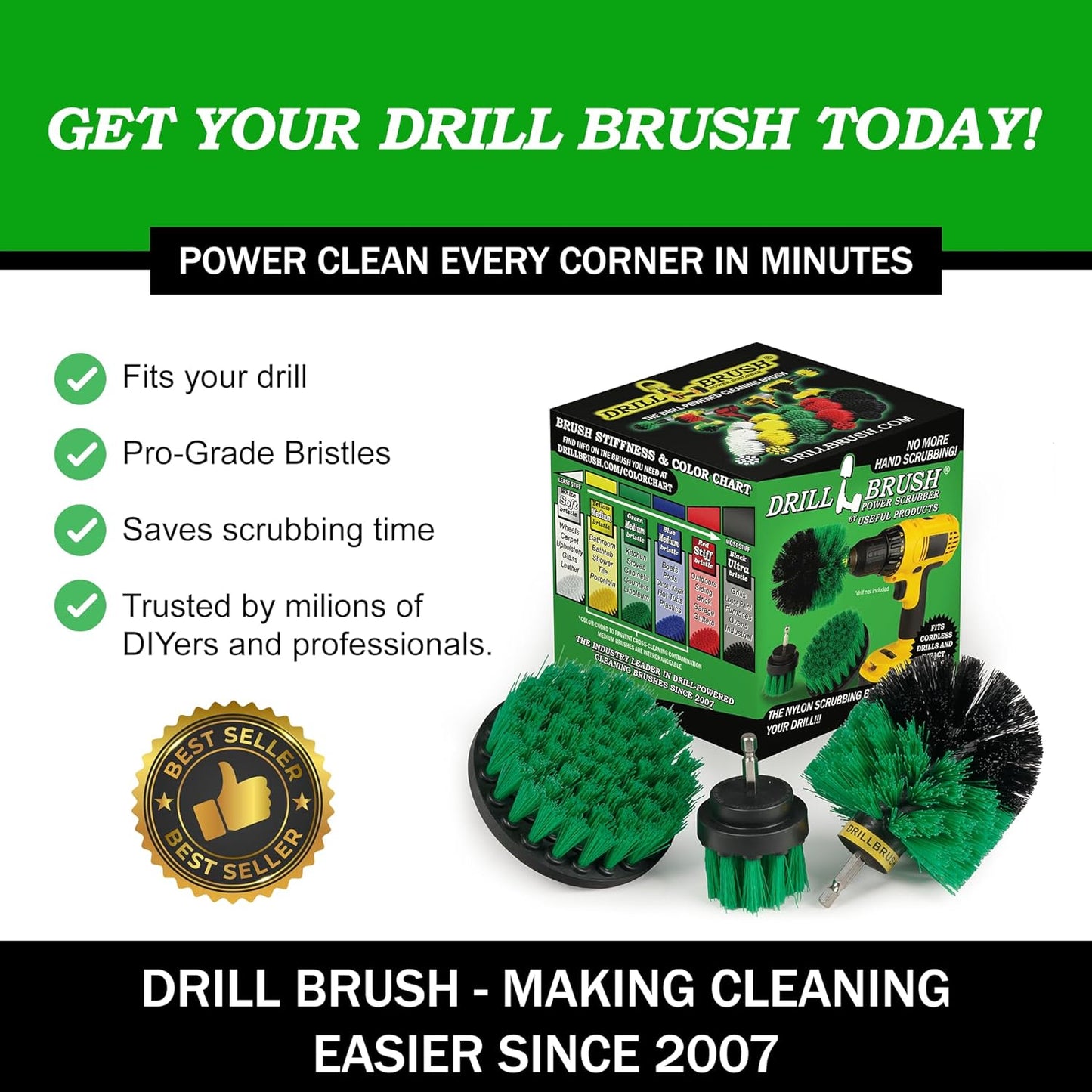 Drillbrush Green Kitchen Drill Brush Set – Drill Powered Cleaning Tools for Stainless Steel Sink