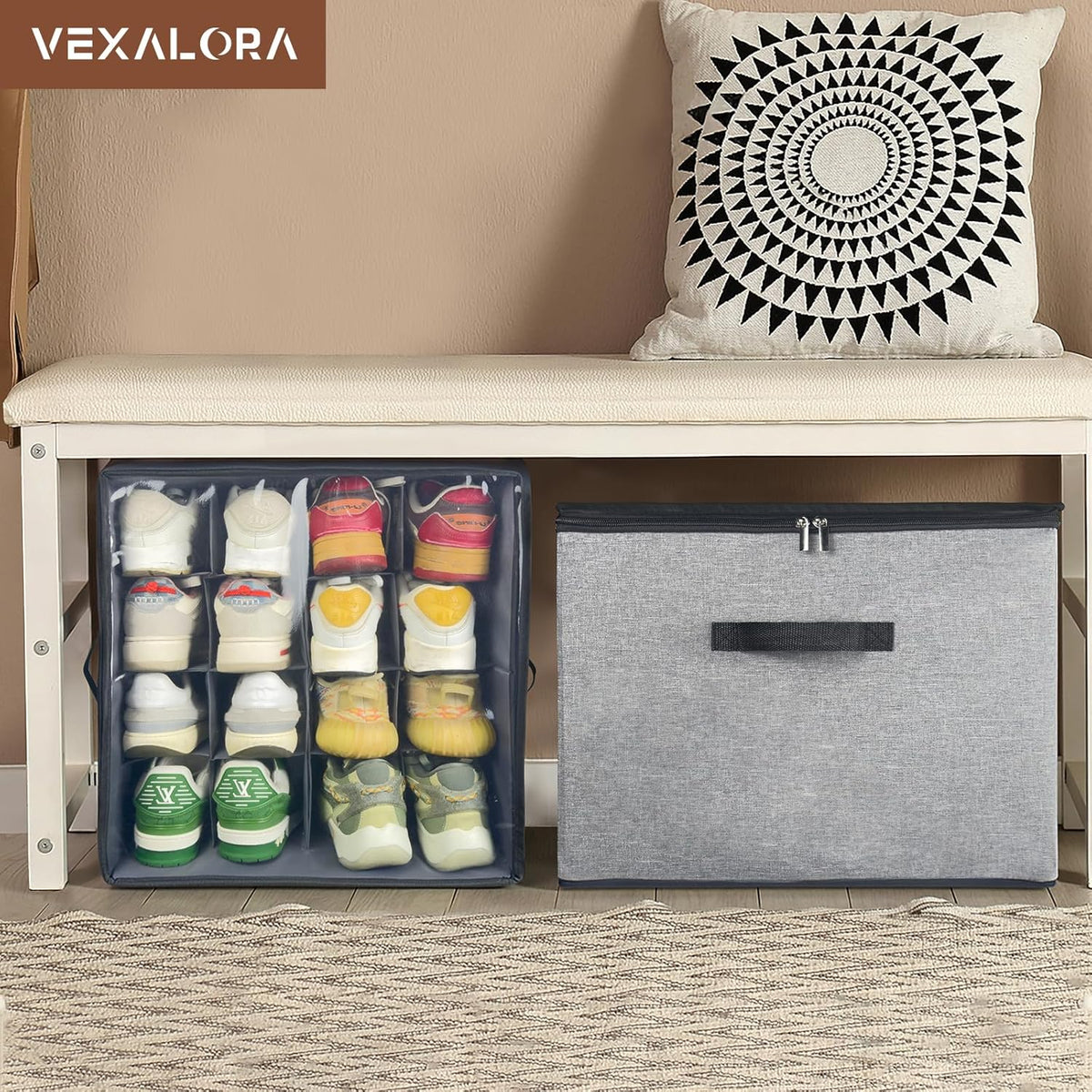 Shoe Organizer Box 2 Pack, Shoe Storage Organizer with Clear Cover, Adjustable Dividers Fits 16-32
