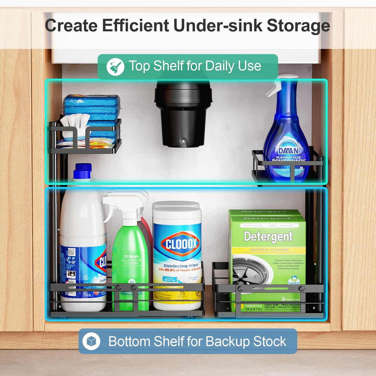 iSPECLE Under Sink Organizer - 2 Pack Under Kitchen Sink Pull Out Organizer Expandable Width Add