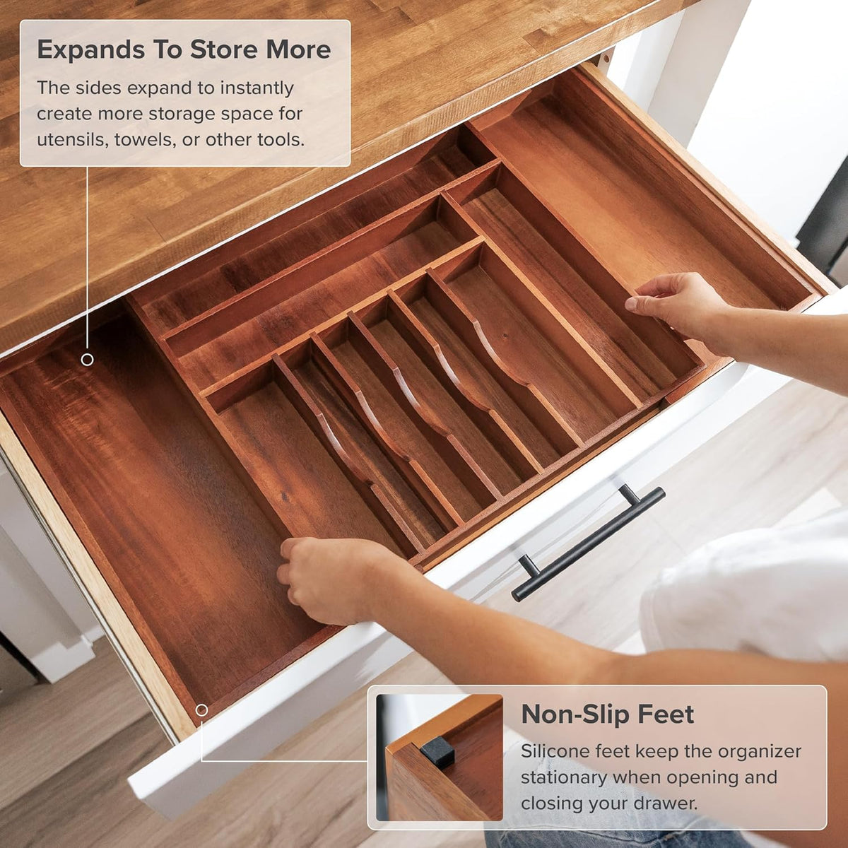 KitchenEdge Premium Silverware, Flatware and Utensil Organizer for Kitchen Drawers, Food-Safe