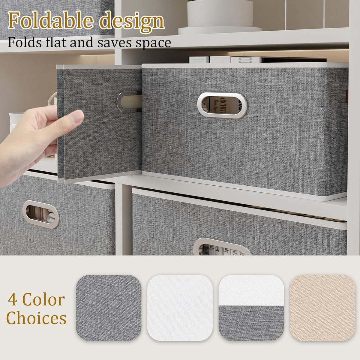 Yawinhe Fabric Storage Bins with Handles, Foldable Baskets for Shelves, Cubes with 3 Handles, Large