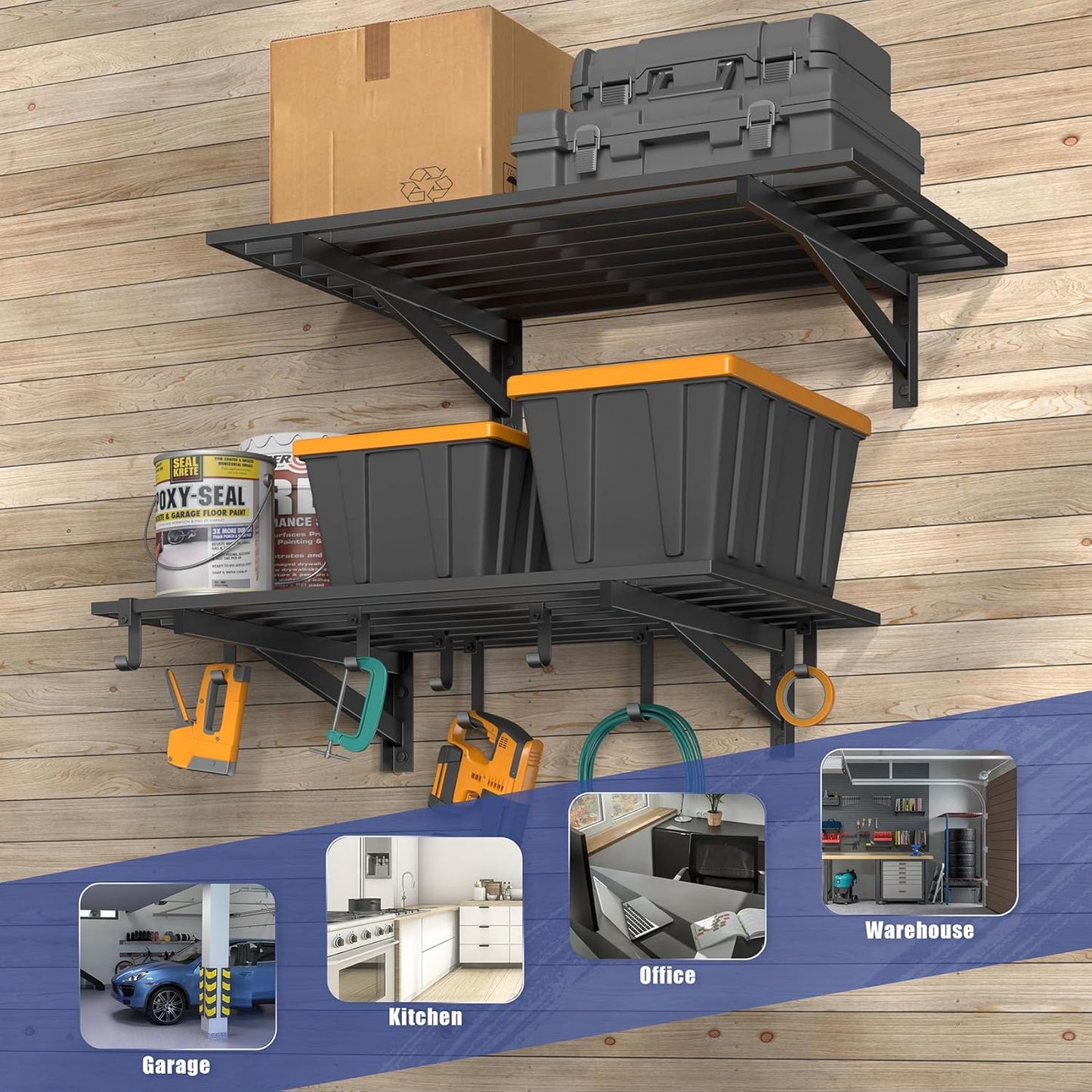 2-Pack 2x3ft Garage Shelving Wall Mounted, 2' x 3' Heavy Duty Garage Storage Shelves with Hooks