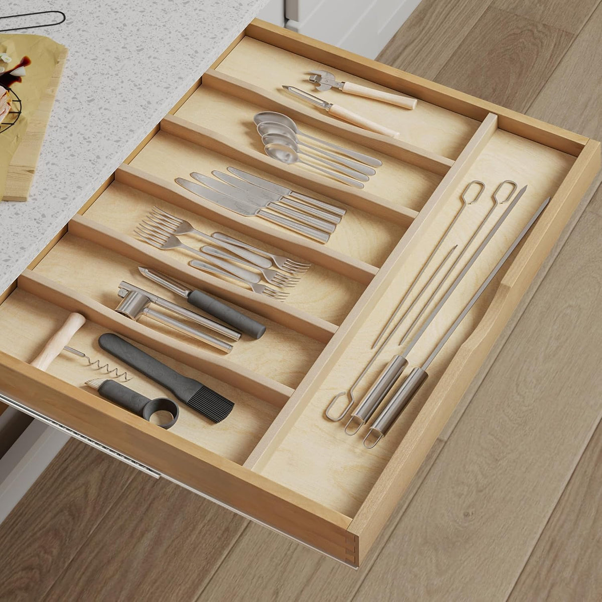 WelFurGeer Solid Birch Wood Silverware Drawer Organizer, Wooden Cutlery Drawer Organizer, Utensil