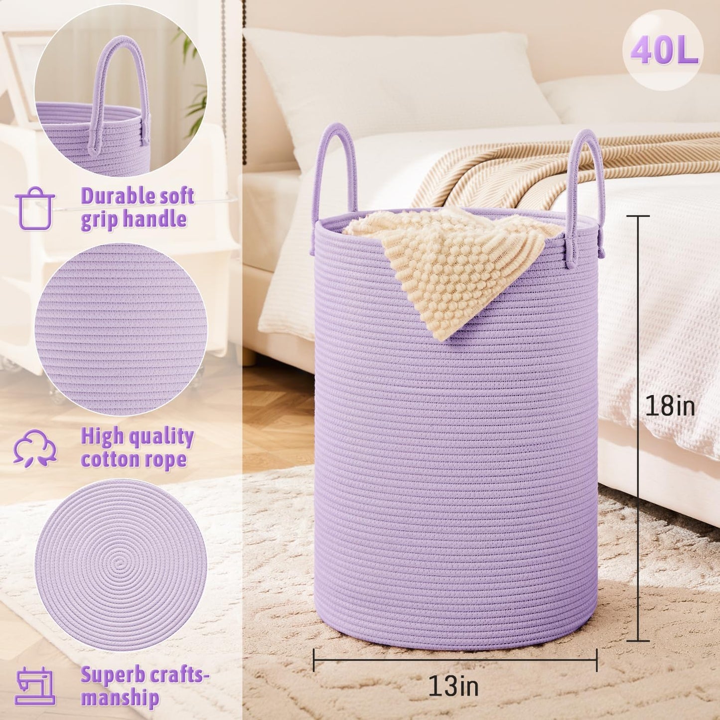 Laundry Basket,Woven Cotton Rope Laundry Hamper,40L for Decorative Storage of Dirty Clothes,Toys