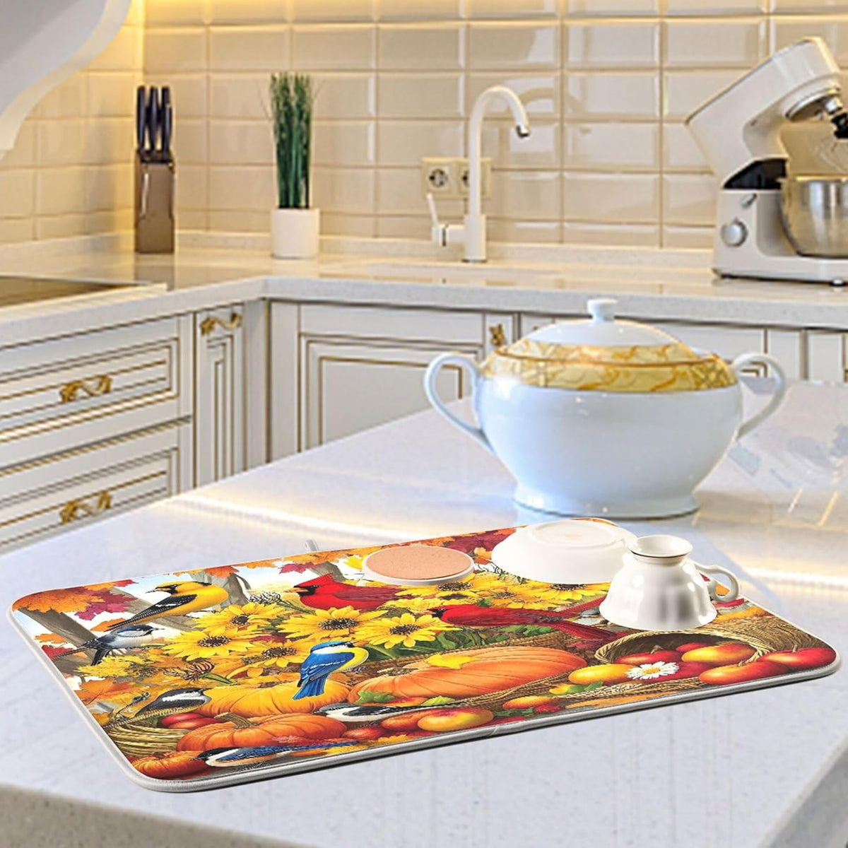 Fall Birds Dish Drying Mat for Kitchen Countertop 18x24 Autumn Pumpkin Sunflower Large Drying Mat