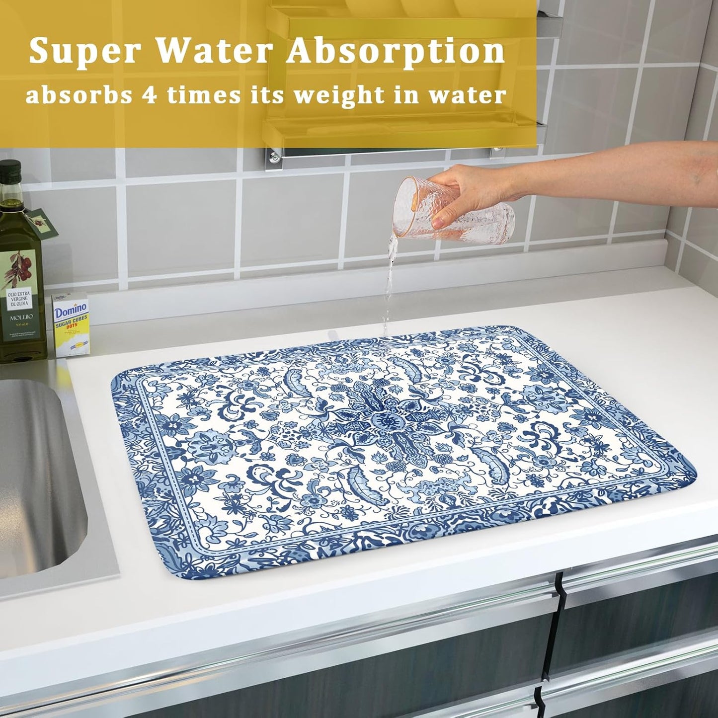 Chinoiserie Floral Dish Drying Mat for Kitchen Counter Blue and White Flowers Pattern Dish Drying