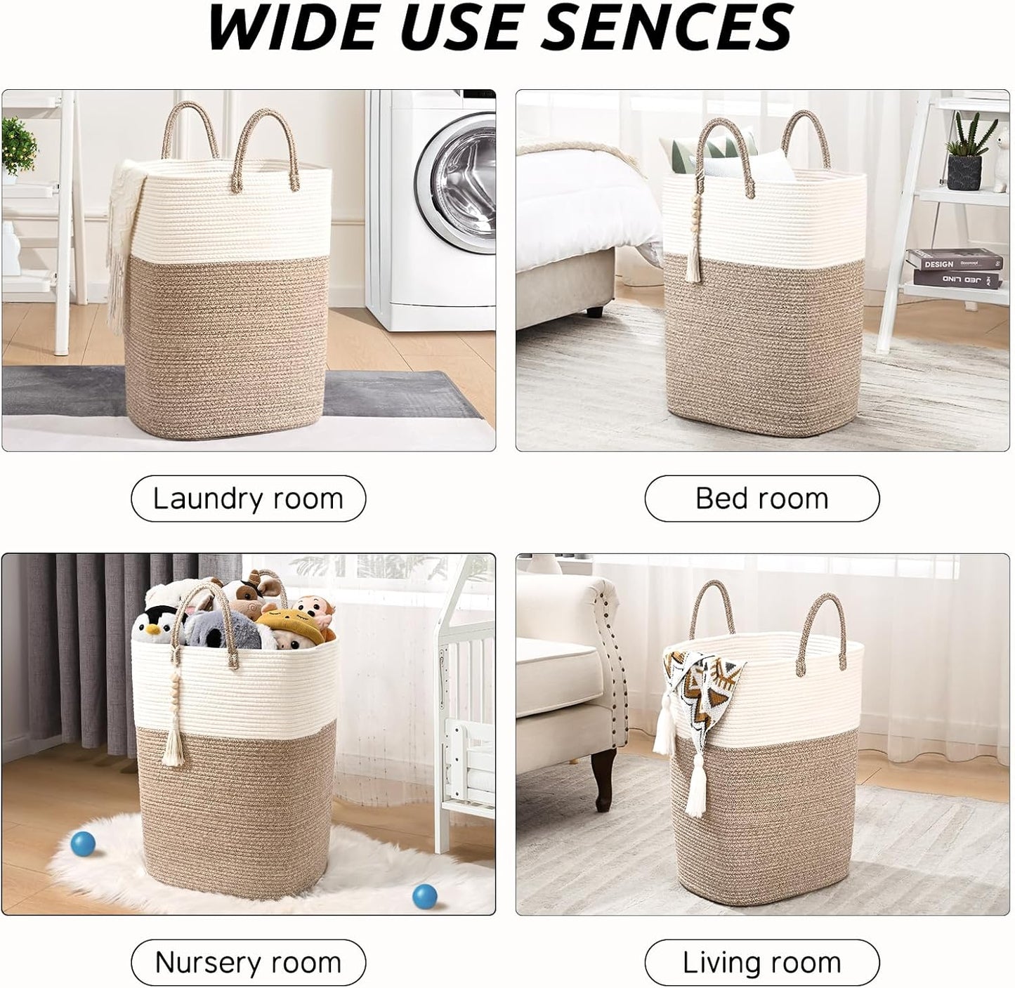 65L Woven Laundry Basket for Clothes, Large Rectangle Laundry Hampers with Beads Tassel, Nursery